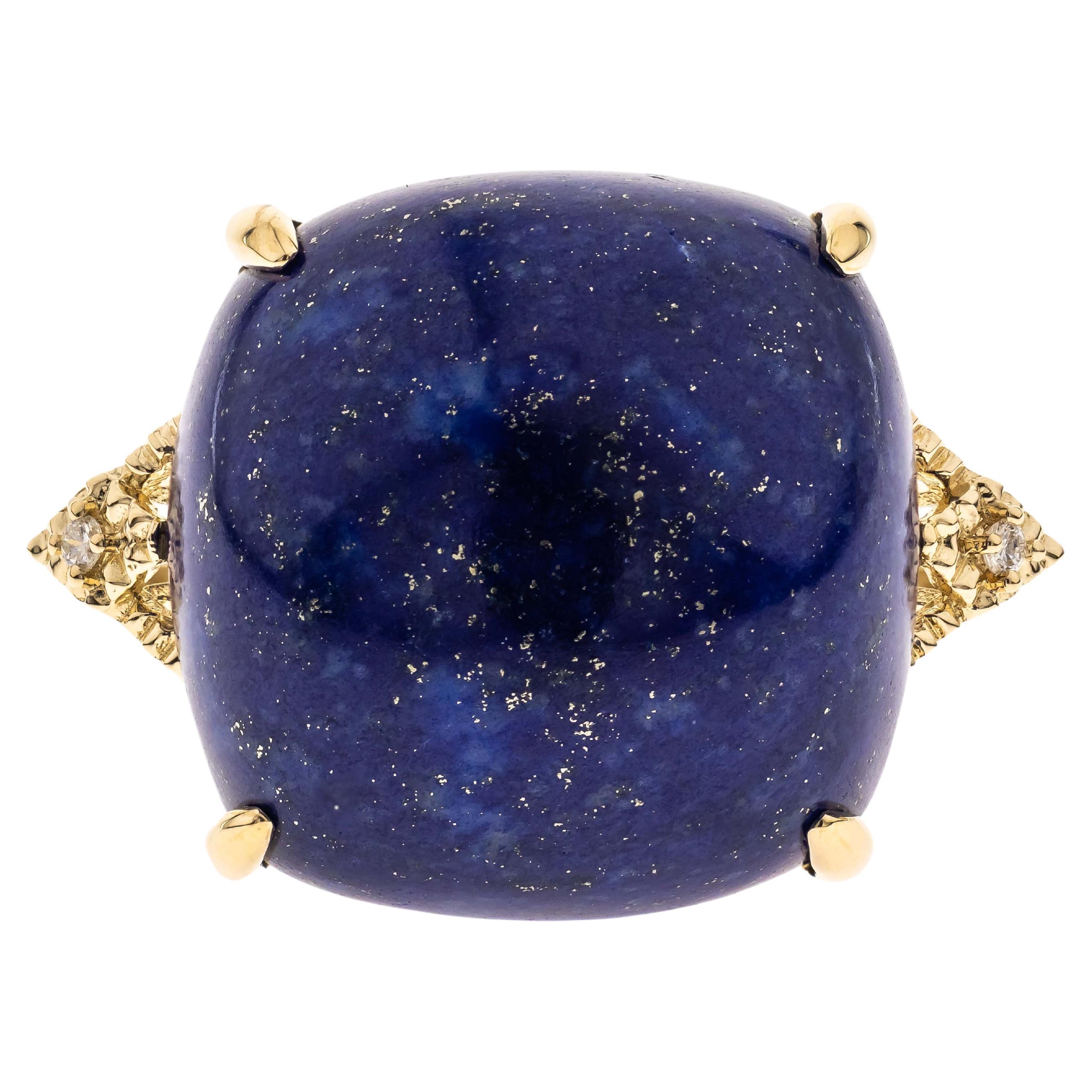 24.81 Carat Cushion Cab Lapis With Diamond accents 14K Yellow Gold Ring For Sale