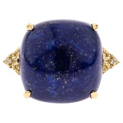 24.81 Carat Cushion Cab Lapis With Diamond accents 14K Yellow Gold Ring