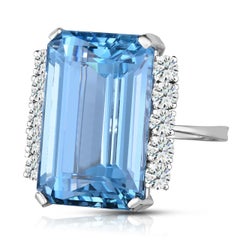 24.85 Carat Emerald Cut Aquamarine Cocktail Ring with Diamond in 14 Karat Gold