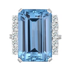 24.85 Carat Emerald Cut Aquamarine Cocktail Ring with Diamond in 14 Karat Gold