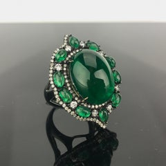 24.88 Carat Emerald Cabochon and Diamond Cocktail Ring