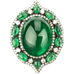 24.88 Carat Emerald Cabochon and Diamond Cocktail Ring