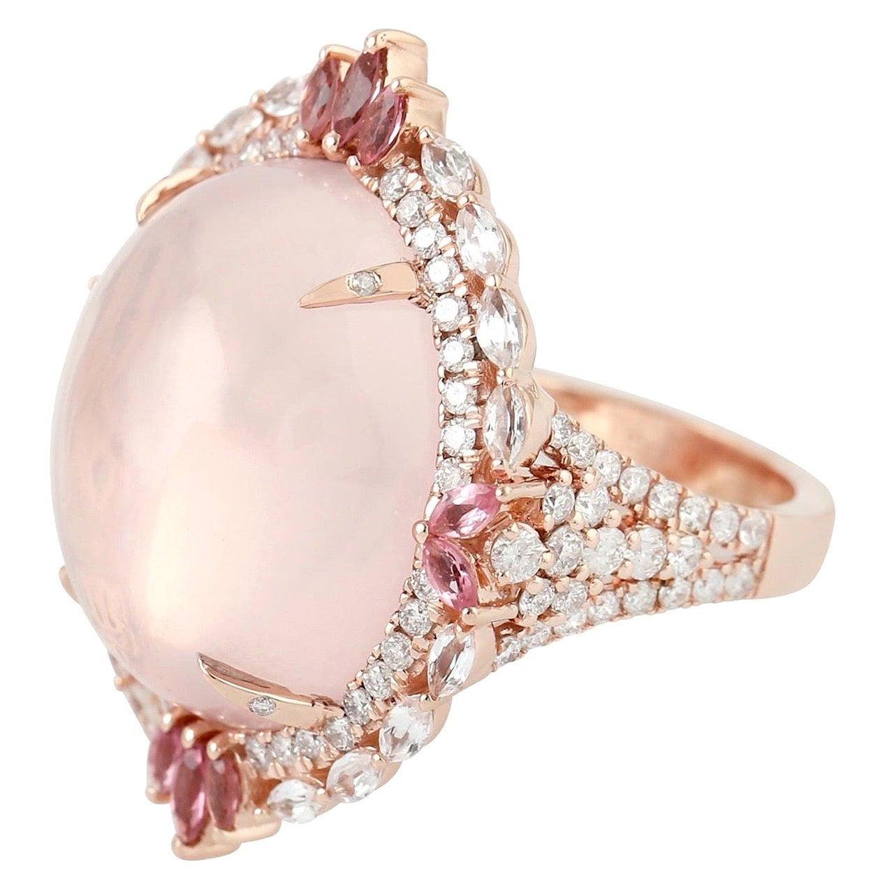 Bague en or 18 carats avec quartz rose de 24,88 carats et diamants