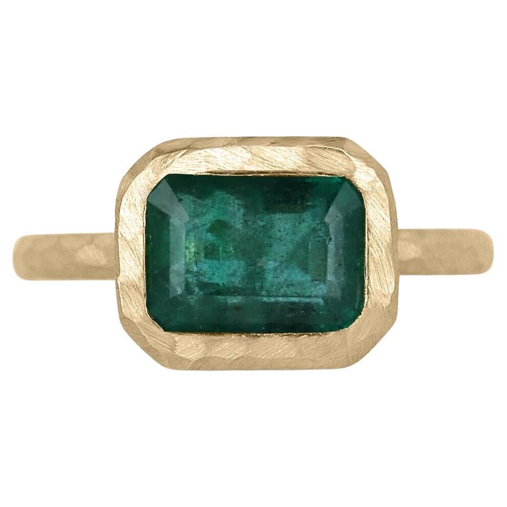 2.48ct 14K East to West Emerald Cut Emerald Solitaire Bezel Matte Hammer Ring