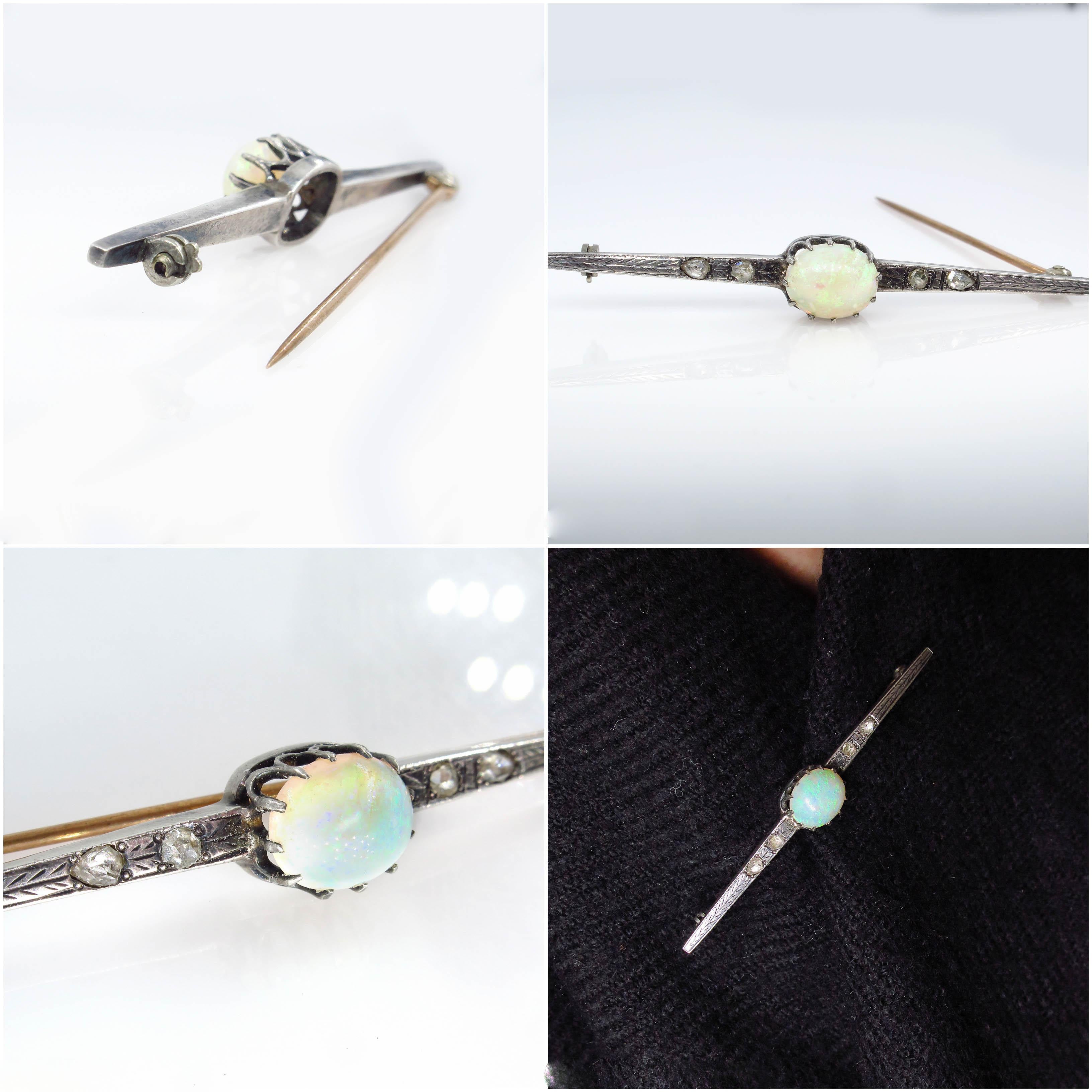 2.48ct Antique Vintage Edwardian Opal and Rose Cut Diamond Silver Brooch Bar-Pin 2