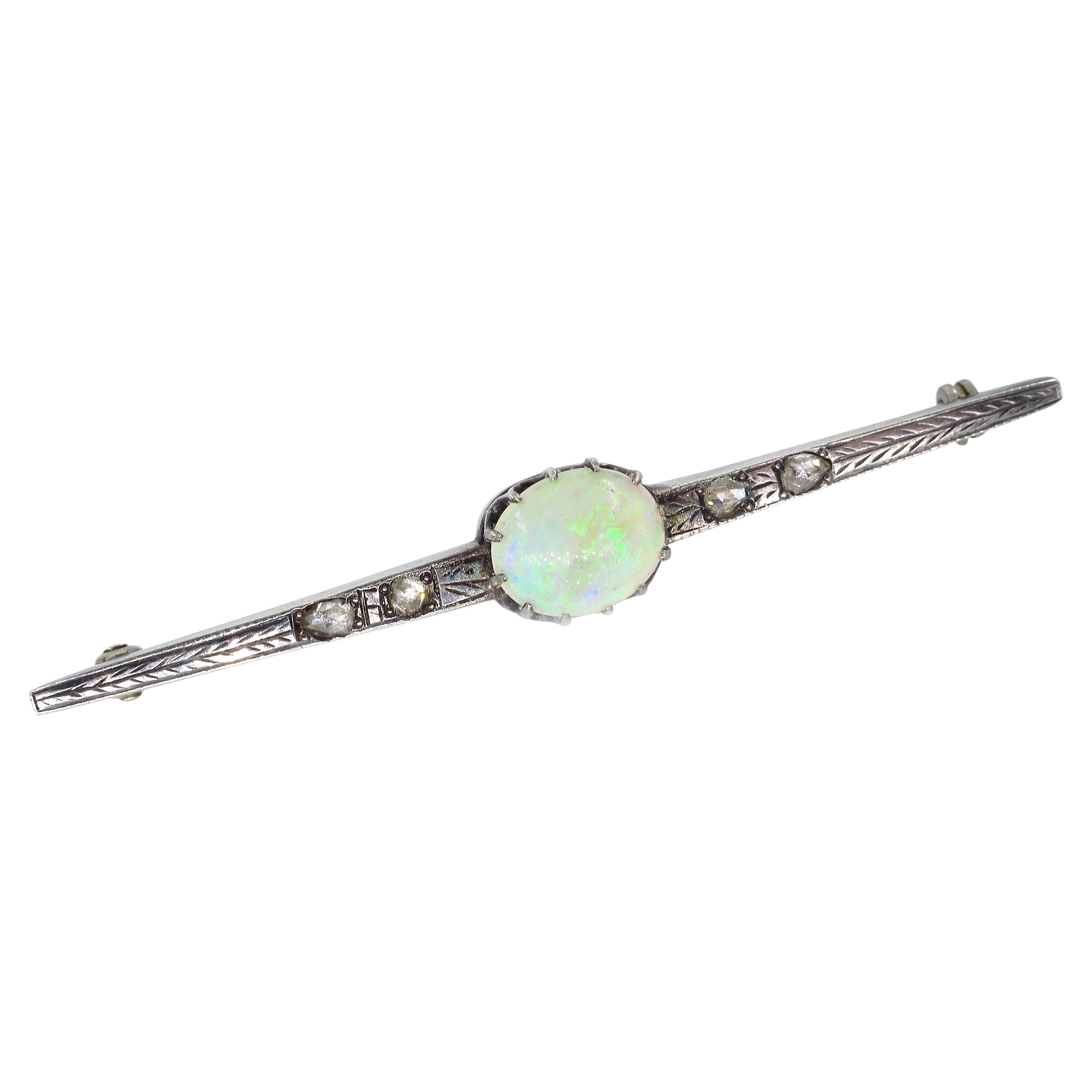 2.48ct Antique Vintage Edwardian Opal and Rose Cut Diamond Silver Brooch Bar-Pin