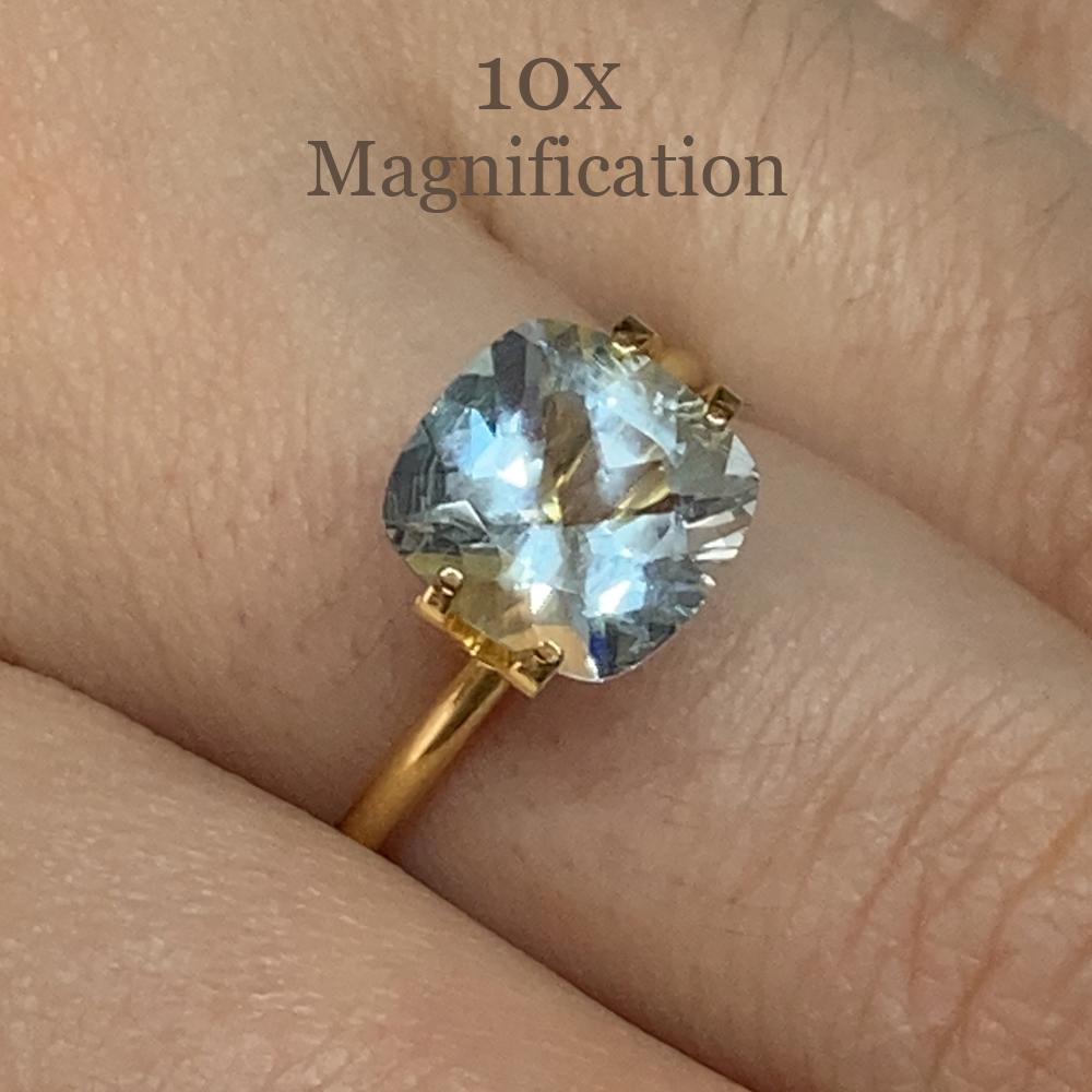 Description:

Gem Type: Aquamarine
Number of Stones: 1
Weight: 2.48 cts
Measurements: 9.13 x 9.16 x 5.60 mm
Shape: Cushion
Cutting Style Crown: Brilliant Cut
Cutting Style Pavilion: Step Cut
Transparency: Transparent
Clarity: Slightly Included: Some