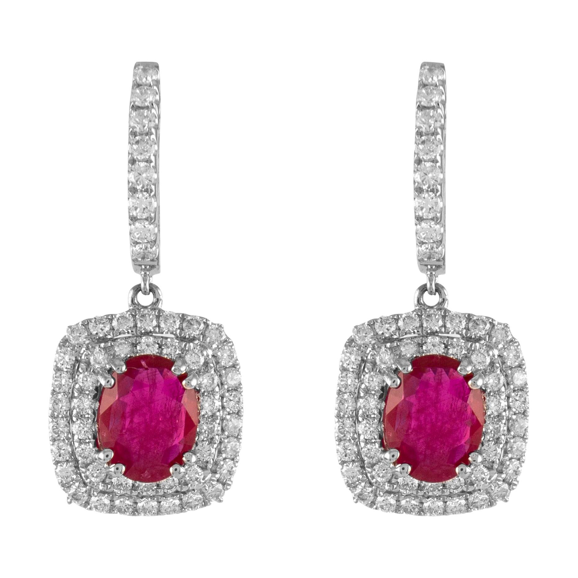 2.48ct Oval Ruby with Double Diamond Halo Drop Earrings 18k White Gold 