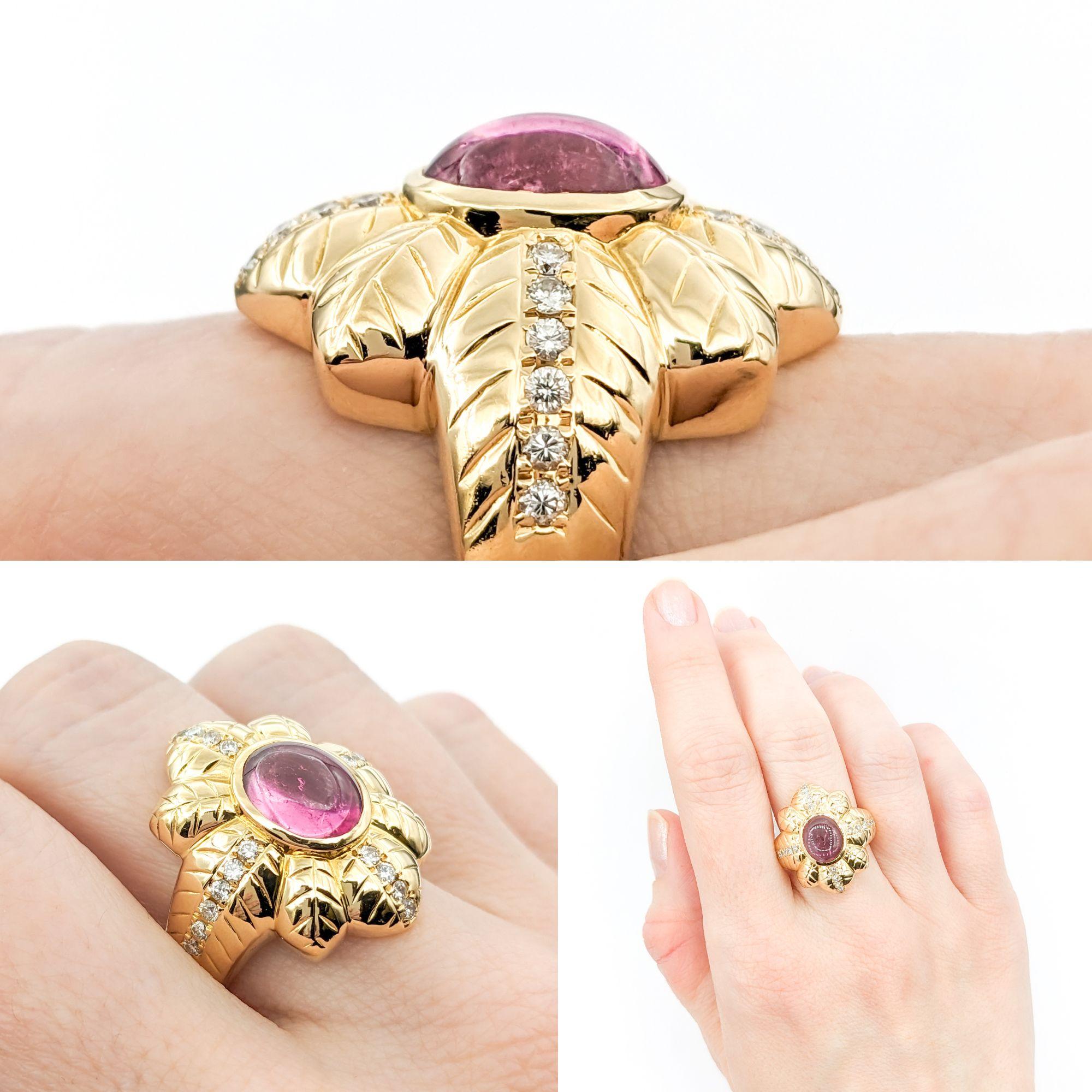 2.48ct Pink Tourmaline & Diamond Ring In Yellow Gold


This exquisite gemstone fashion ring is expertly crafted in 18kt yellow gold, featuring a stunning 2.48ct cabochon pink tourmaline centerpiece, flanked by .40ctw of sparkling round diamonds with