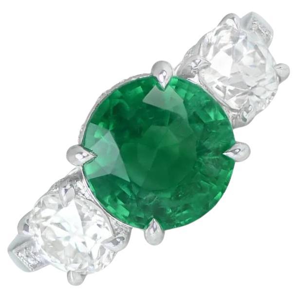 2.48ct Round Cut Natural Green Emerald Engagement Ring, Platinum For Sale