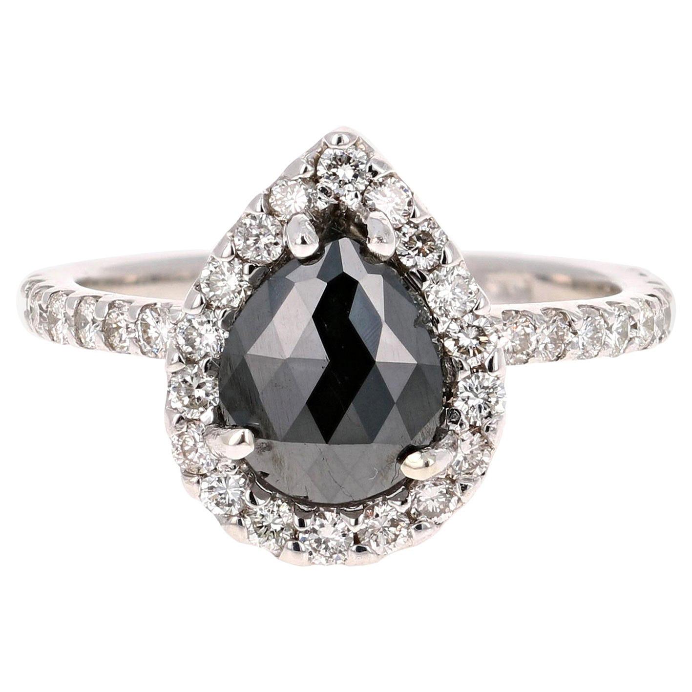 2.49 Carat Black Diamond 14 Karat White Gold Halo Engagement Ring