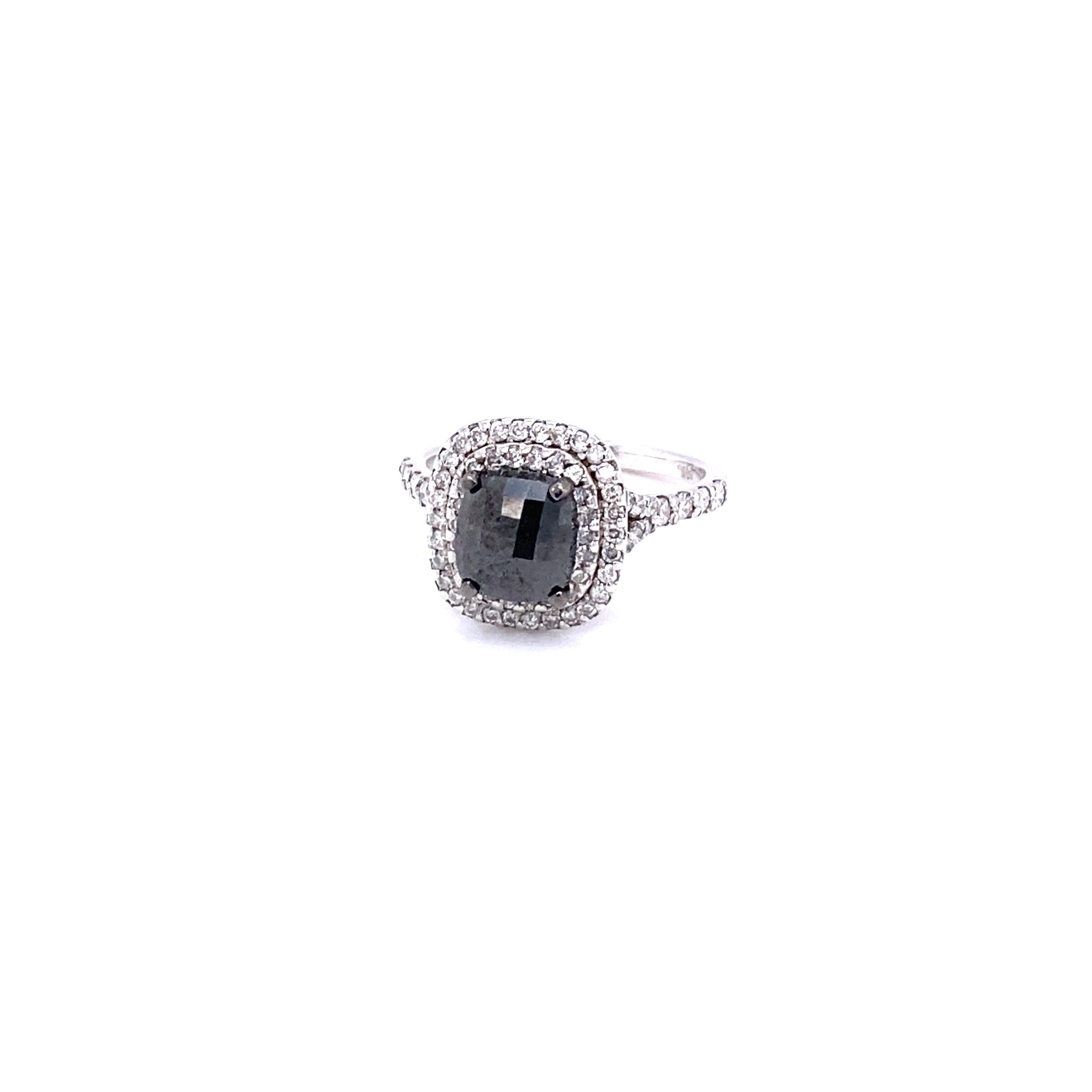 Contemporary 2.49 Carat Black White Diamond Double Halo 14 Karat White Gold Engagement Ring For Sale