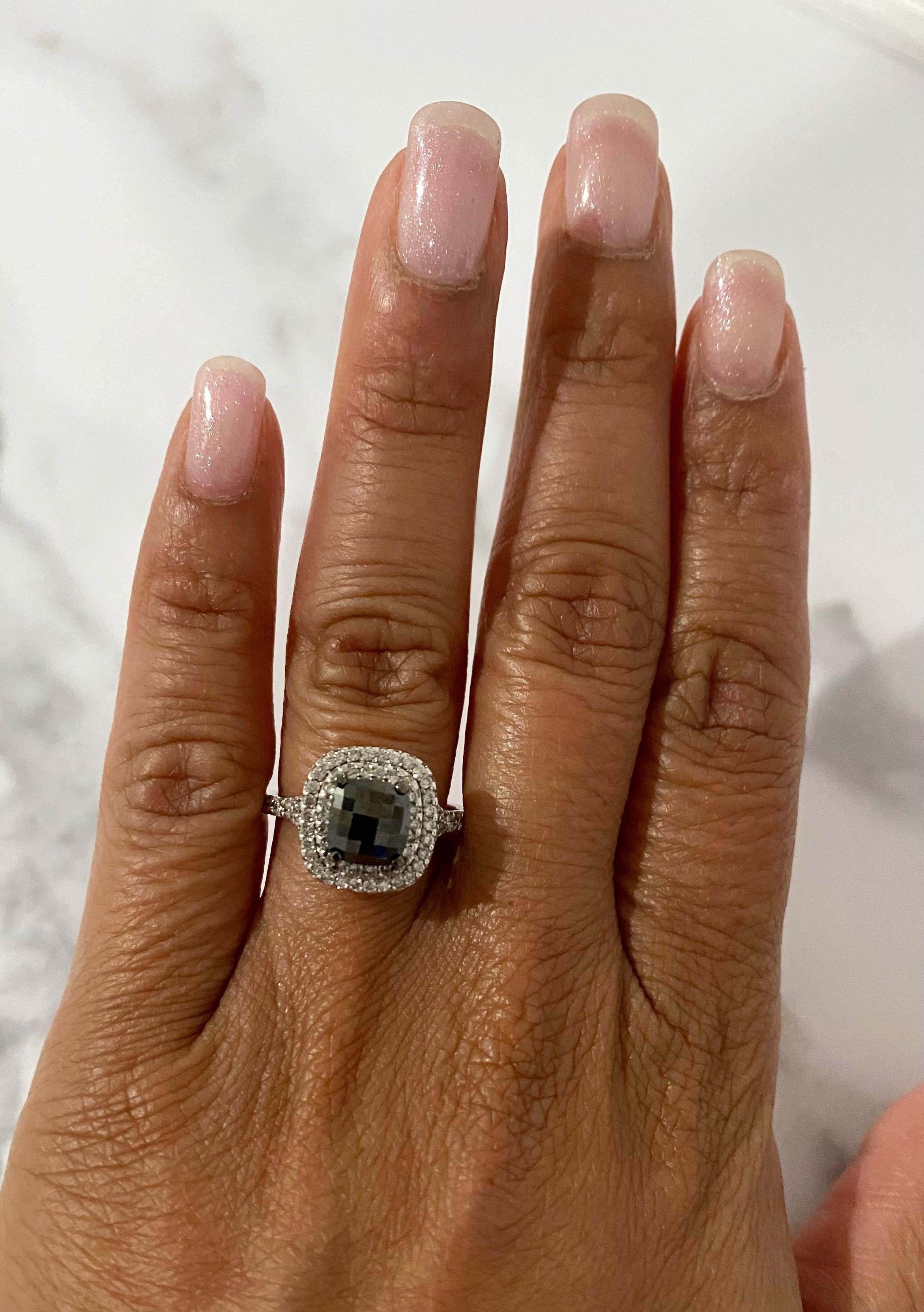 2.49 Carat Black White Diamond Double Halo 14 Karat White Gold Engagement Ring In New Condition For Sale In Los Angeles, CA