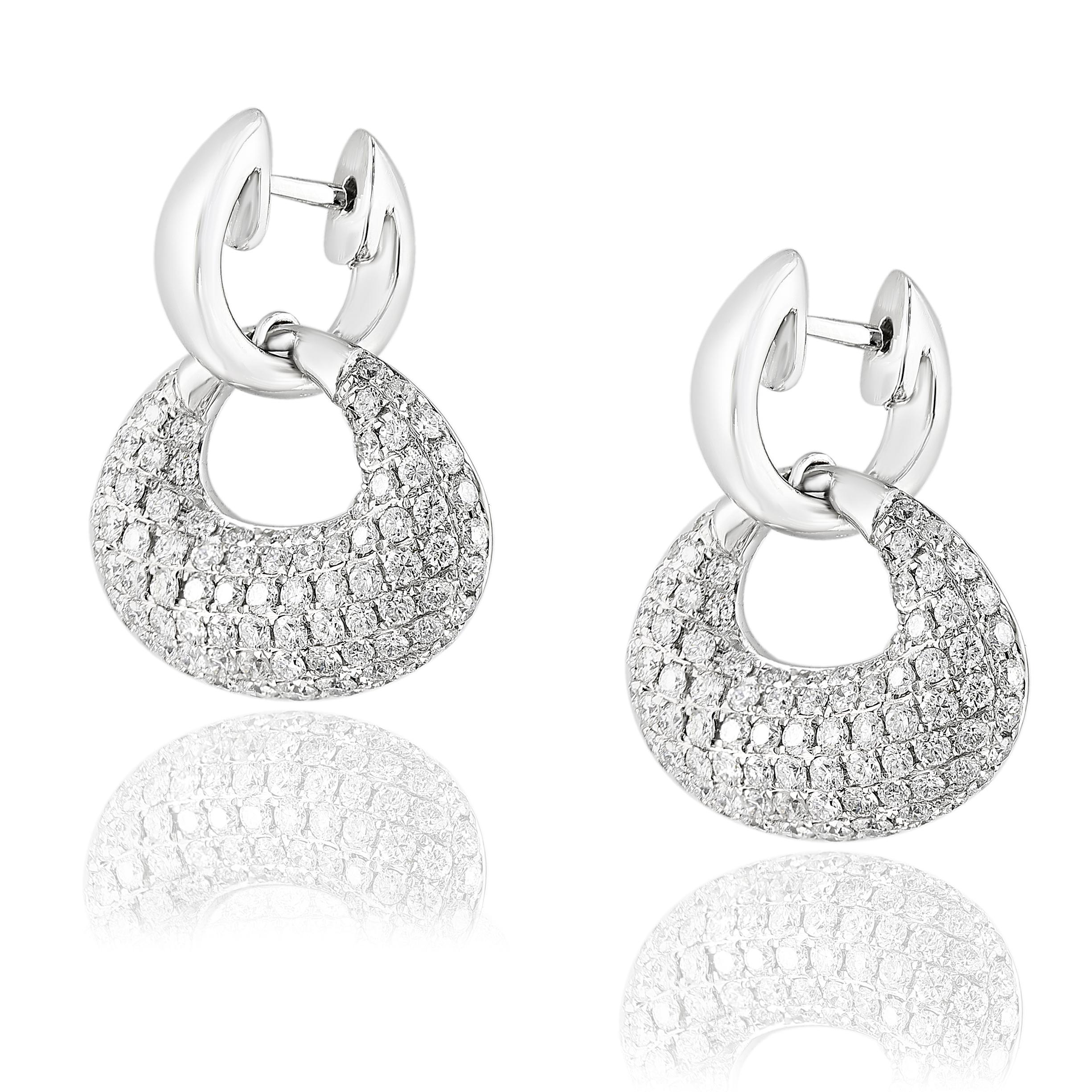 Very Stylish and Fashionable earrings showcasing brilliant cut diamonds, weighing 2.49 carats total in 18K white gold. 
All diamonds are GH color SI1 Clarity.
Can be made in yellow gold as well.
Style available in different price ranges. Prices are