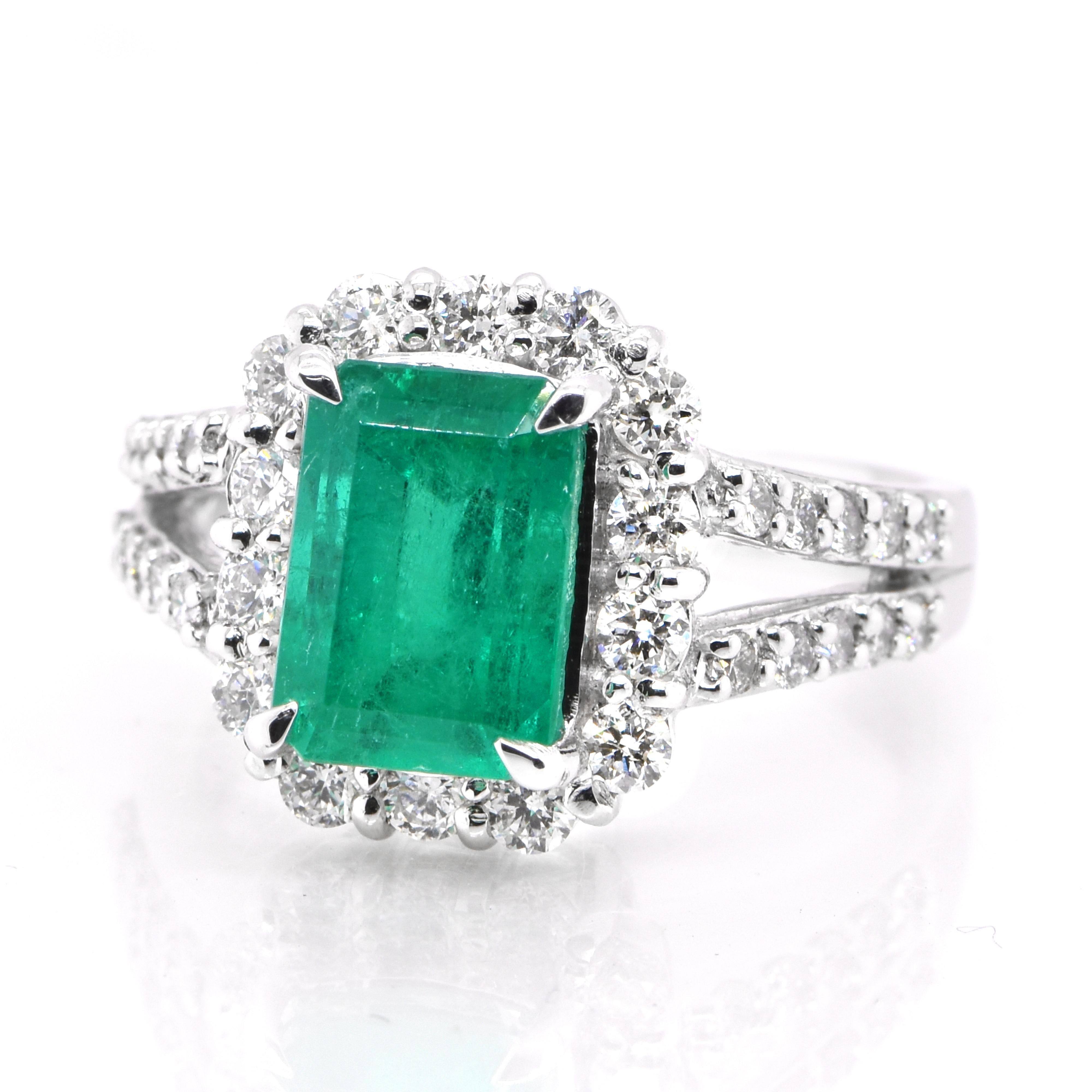 A stunning ring featuring a 2.49 Carat Natural Colombian Emerald and 0.85 Carats of Diamond Accents set in Platinum. People have admired emerald’s green for thousands of years. Emeralds have always been associated with the lushest landscapes and the