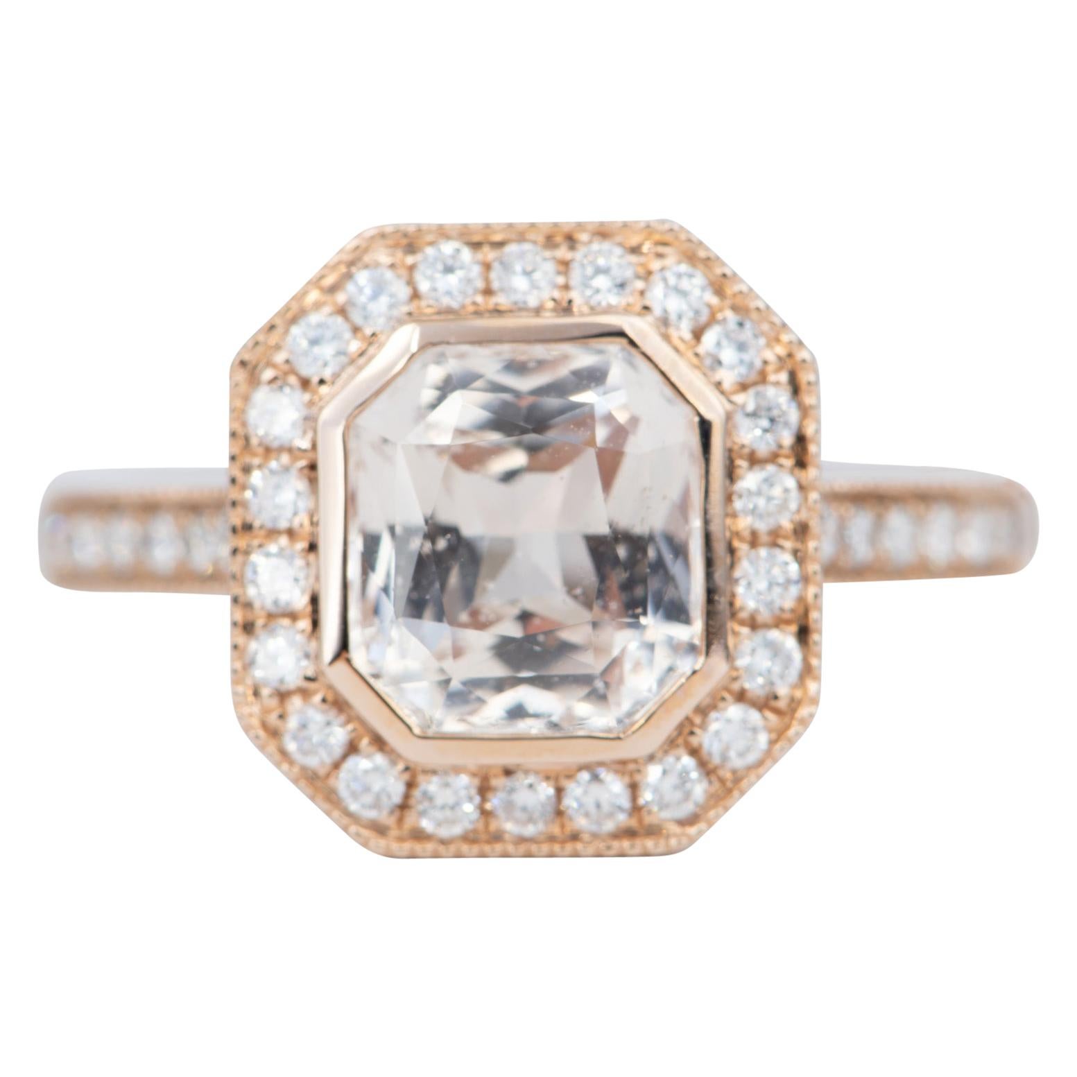 2.49 Carat Light Peach Sapphire Diamond Halo 14 Karat Rose Gold Ring AD1935