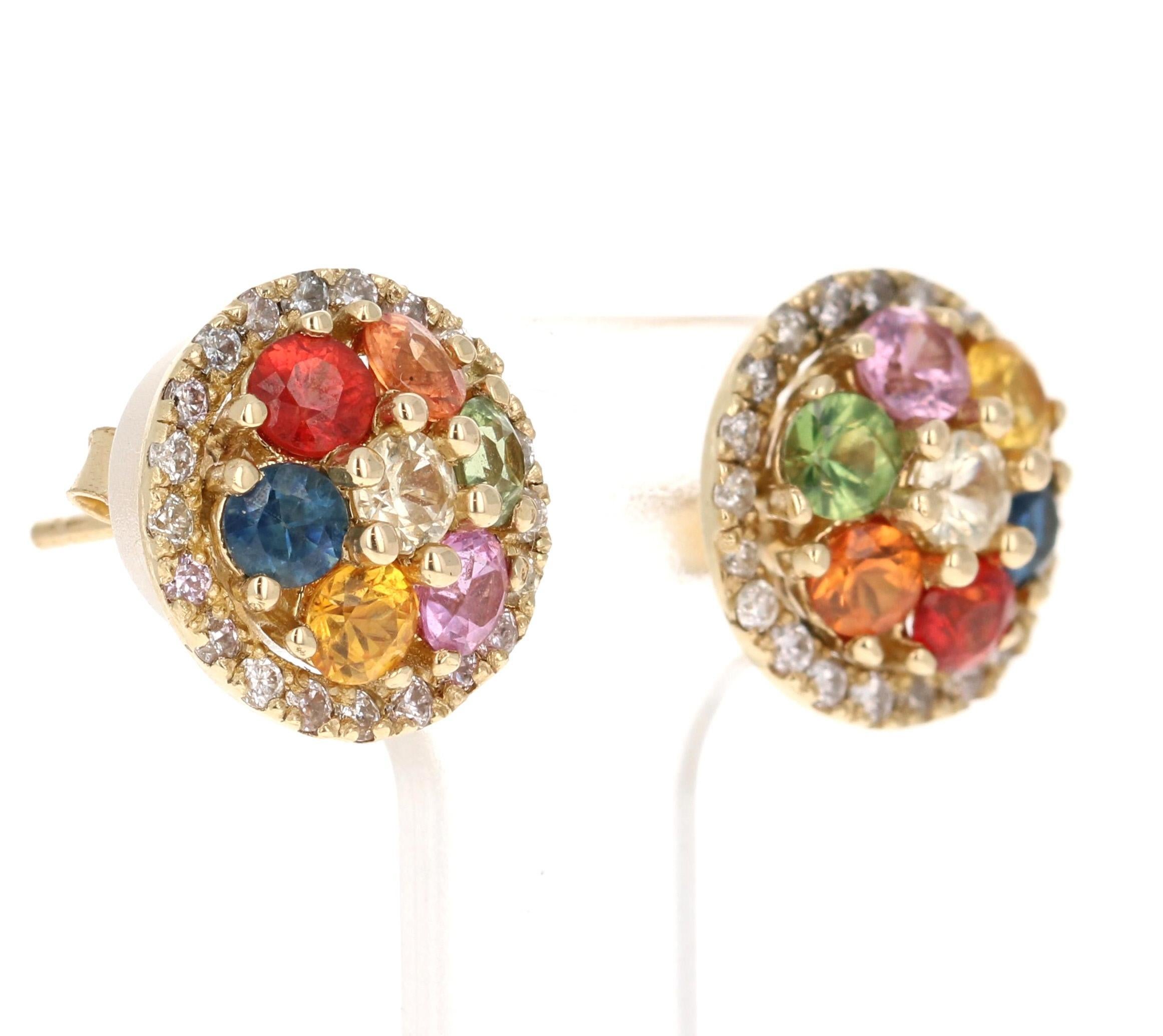 Vibrant, eye-catching earrings perfect for adding a pop of color to any outfit!

2.49 Carat Rainbow Sapphire and White Diamond Yellow Gold Stud Earrings

Featuring round-cut rainbow sapphires weighing 2.10 carats, surrounded by 0.39 carats of