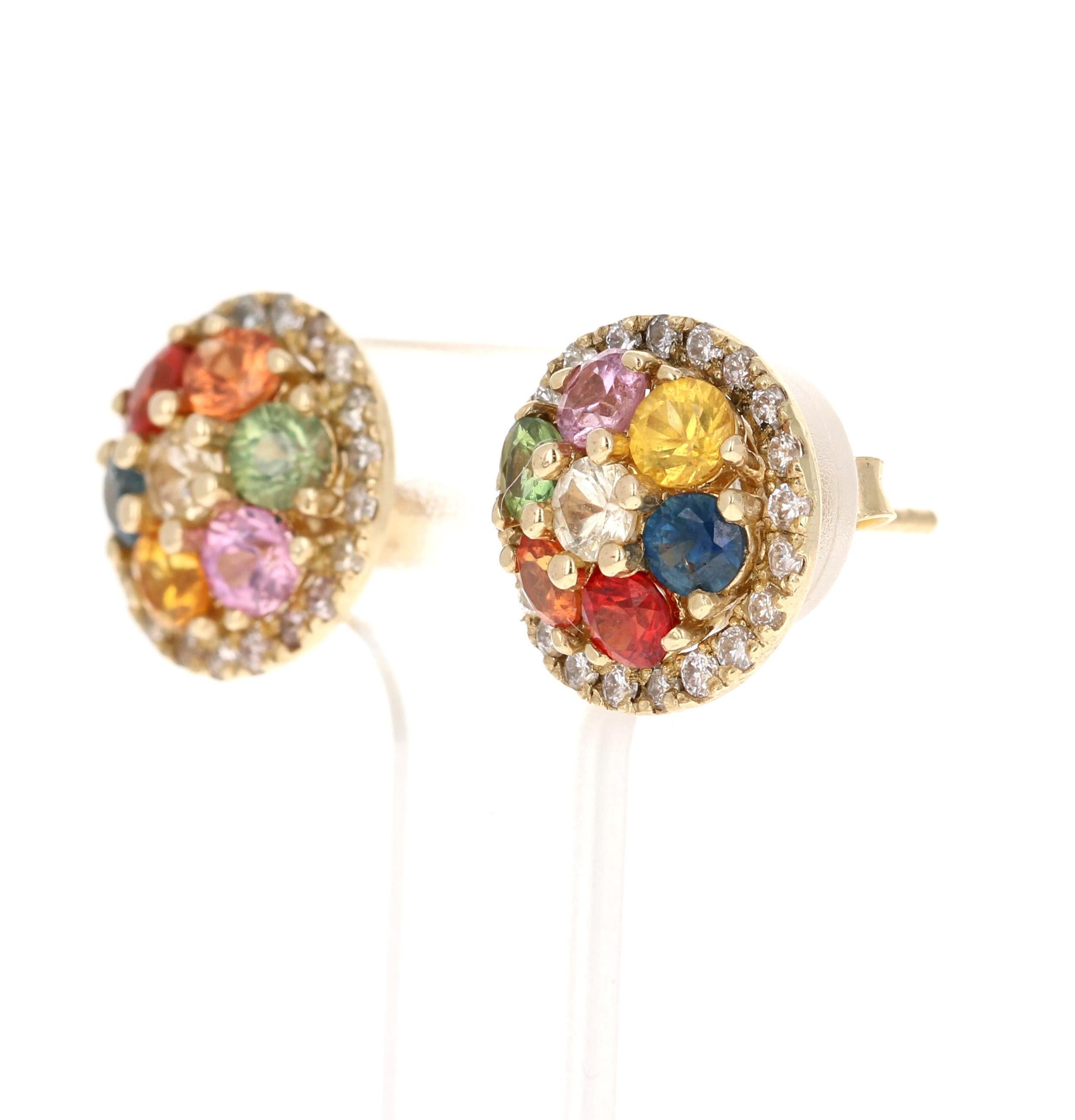 Contemporary 2.49 Carat Multicolor Sapphire Diamond 14 Karat Yellow Gold Earrings For Sale