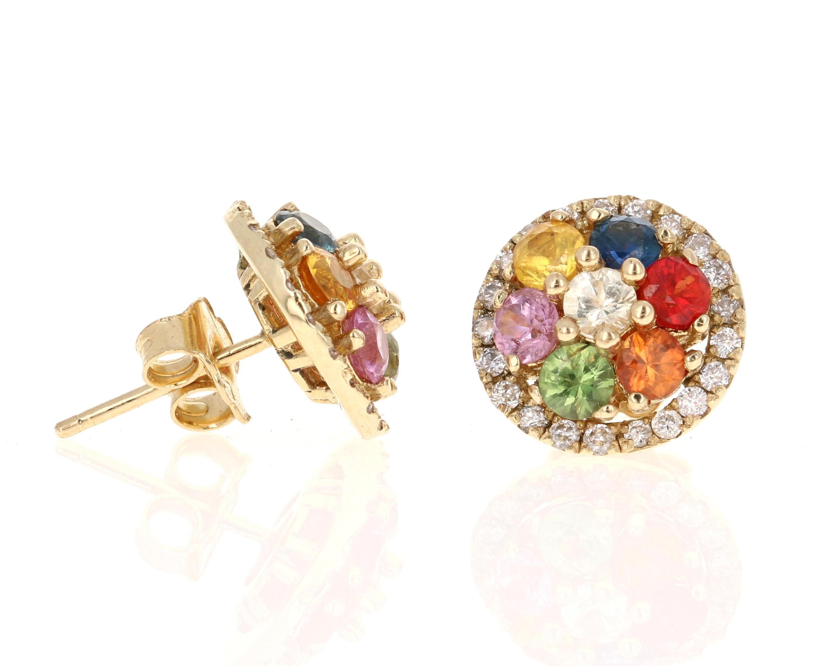 Round Cut 2.49 Carat Multicolor Sapphire Diamond 14 Karat Yellow Gold Earrings For Sale