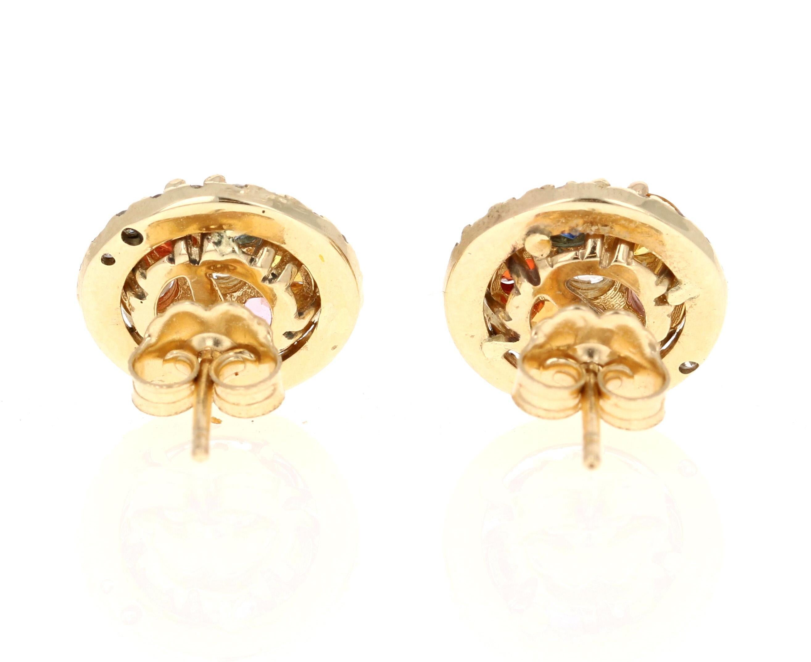 2.49 Carat Multicolor Sapphire Diamond 14 Karat Yellow Gold Earrings In New Condition For Sale In Los Angeles, CA
