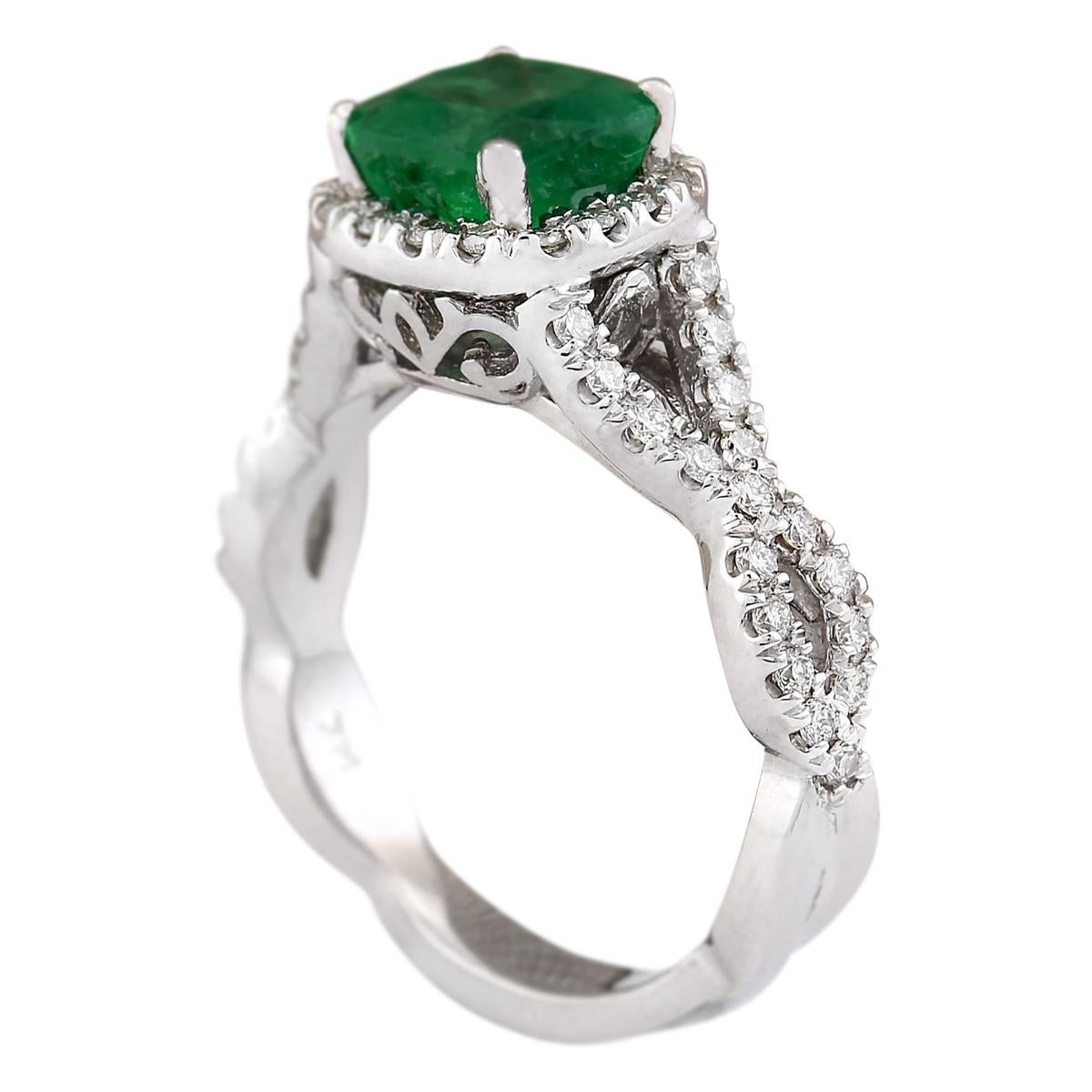 Cushion Cut Emerald Diamond Ring In 14 Karat White Gold  For Sale
