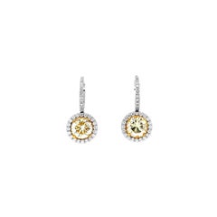2.49 Carat Natural Fancy Light Yellow & White Diamond Drop Earrings, 18K Gold.