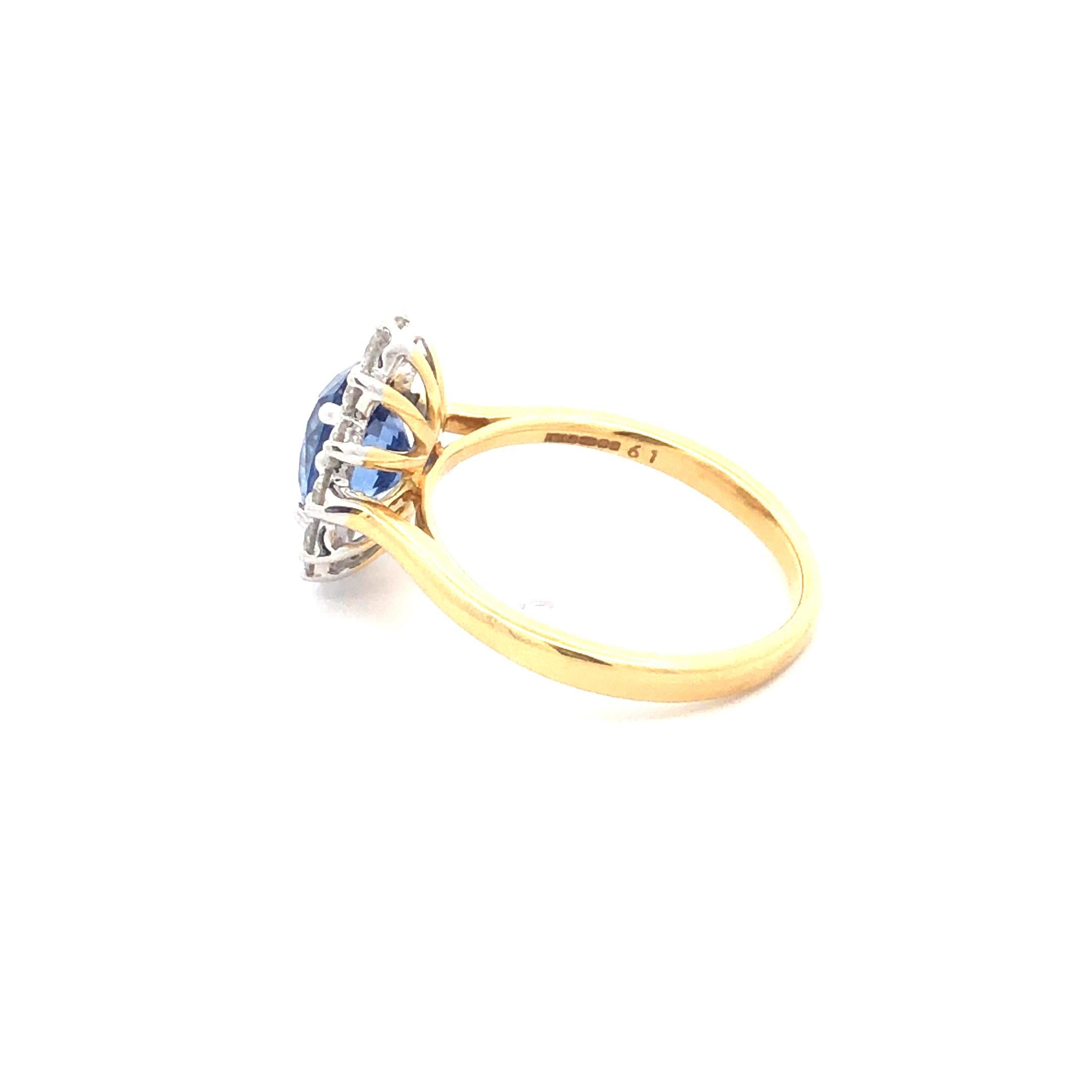 2.49 Carat Oval Blue Sapphire Round Diamond Hasbani 18Kt Halo Engagement Ring For Sale 5