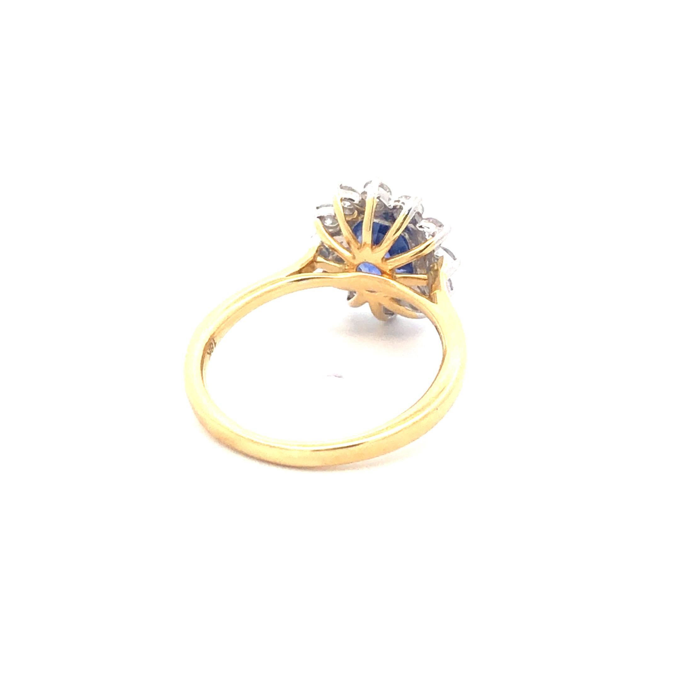 2.49 Carat Oval Blue Sapphire Round Diamond Hasbani 18Kt Halo Engagement Ring For Sale 6