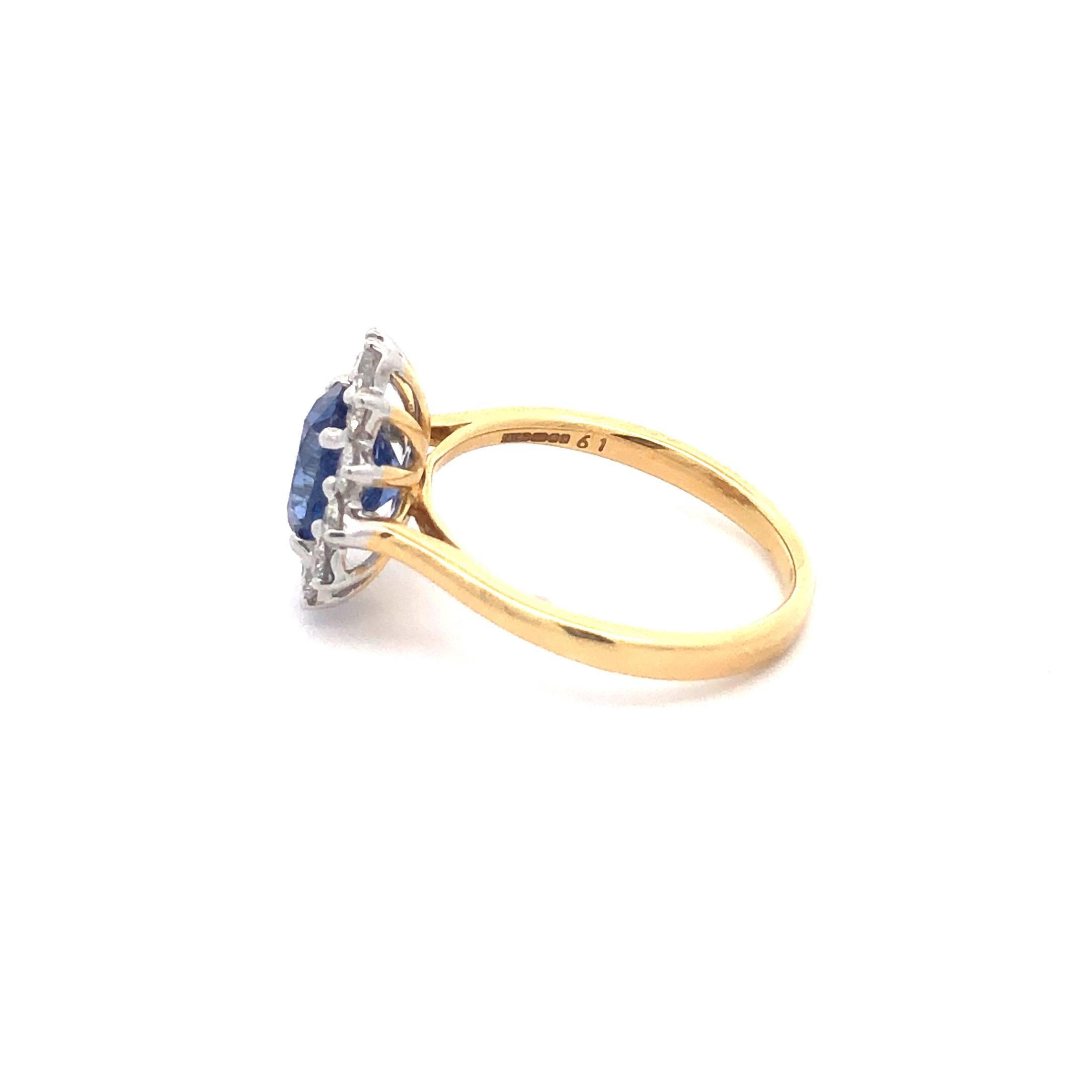 2.49 Carat Oval Blue Sapphire Round Diamond Hasbani 18Kt Halo Engagement Ring For Sale 9