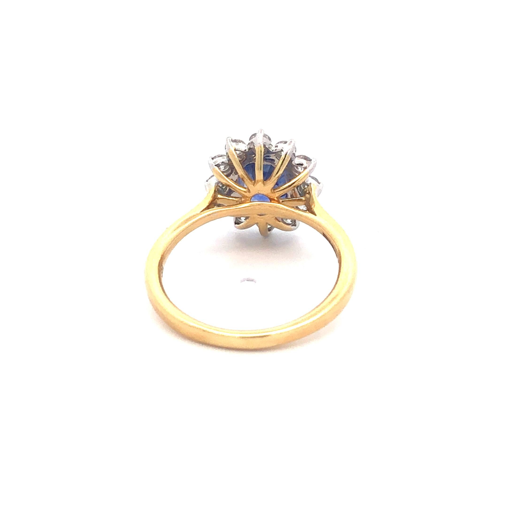 2.49 Carat Oval Blue Sapphire Round Diamond Hasbani 18Kt Halo Engagement Ring For Sale 10