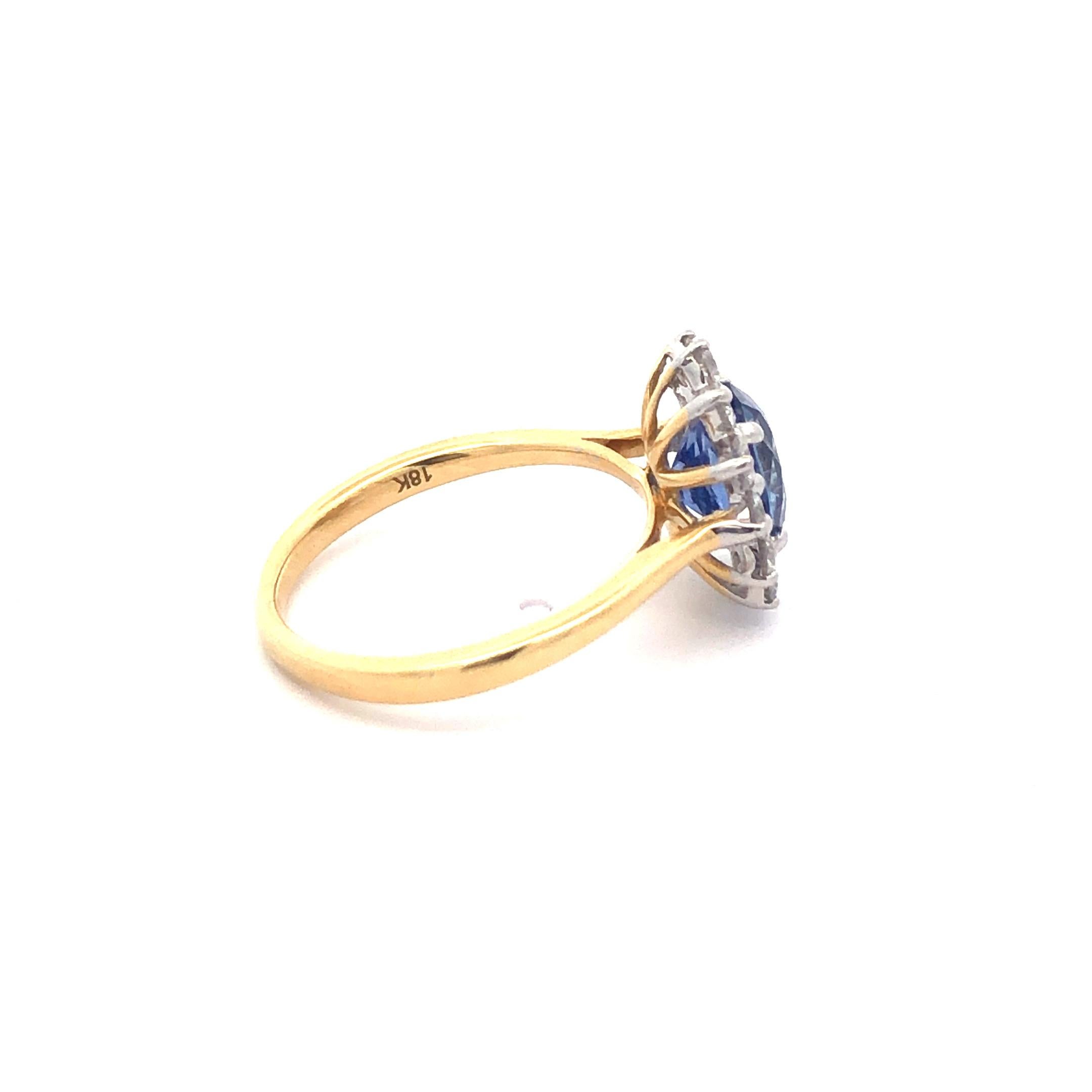 2.49 Carat Oval Blue Sapphire Round Diamond Hasbani 18Kt Halo Engagement Ring For Sale 11
