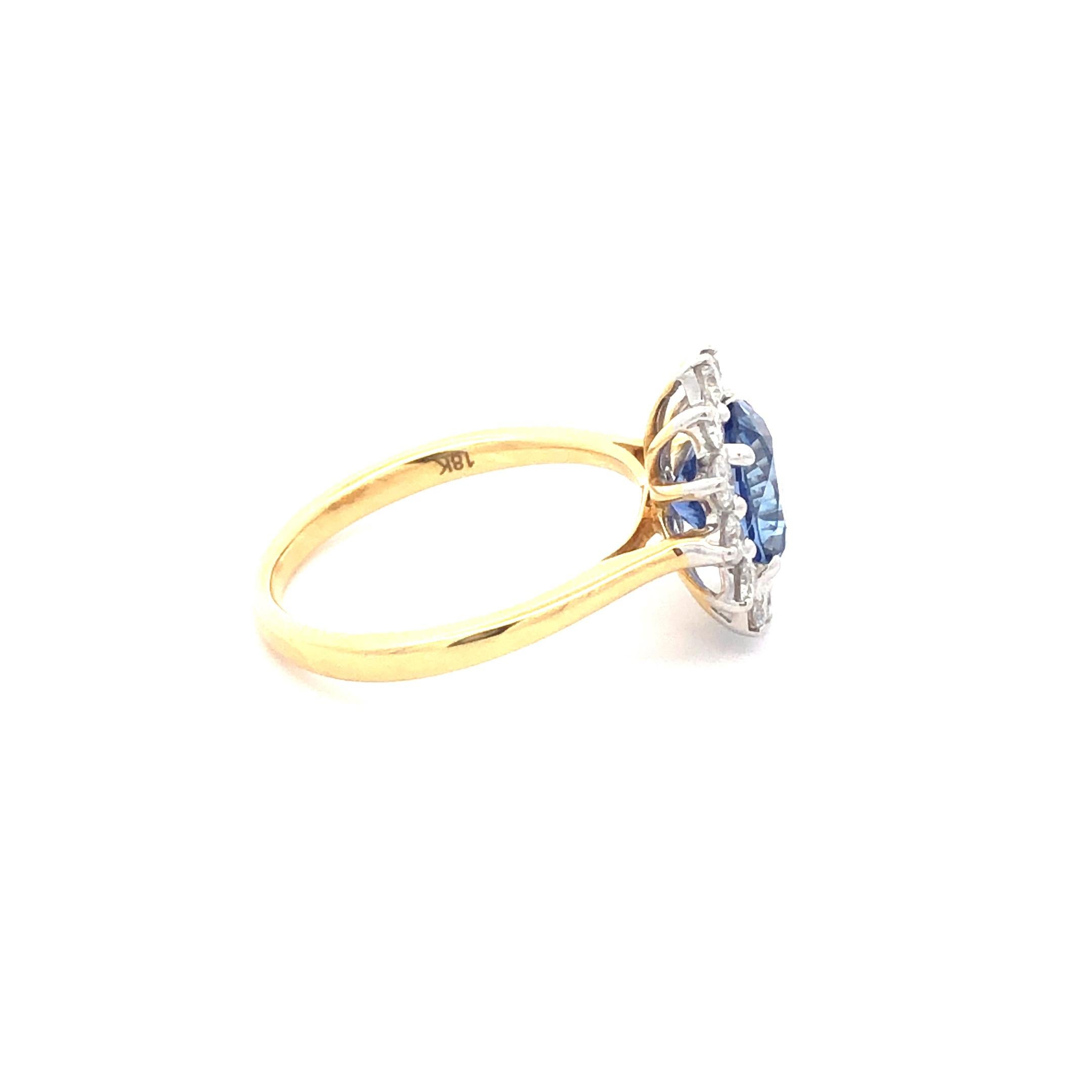 2.49 Carat Oval Blue Sapphire Round Diamond Hasbani 18Kt Halo Engagement Ring In New Condition For Sale In London, GB