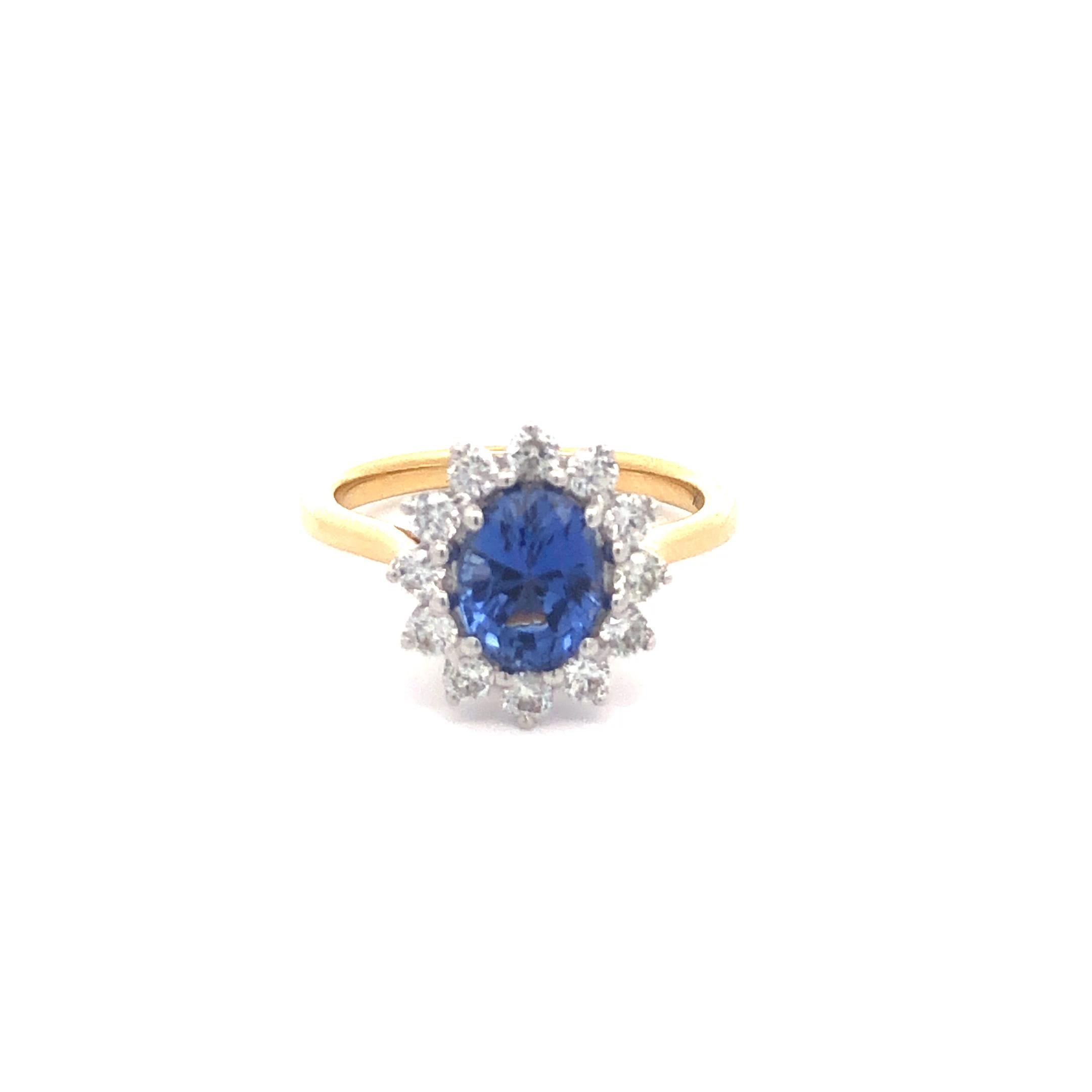 Women's 2.49 Carat Oval Blue Sapphire Round Diamond Hasbani 18Kt Halo Engagement Ring For Sale