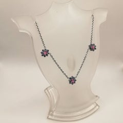 2.49 Carat Pink & Blue Sapphire Flower Necklace in 18K White Gold