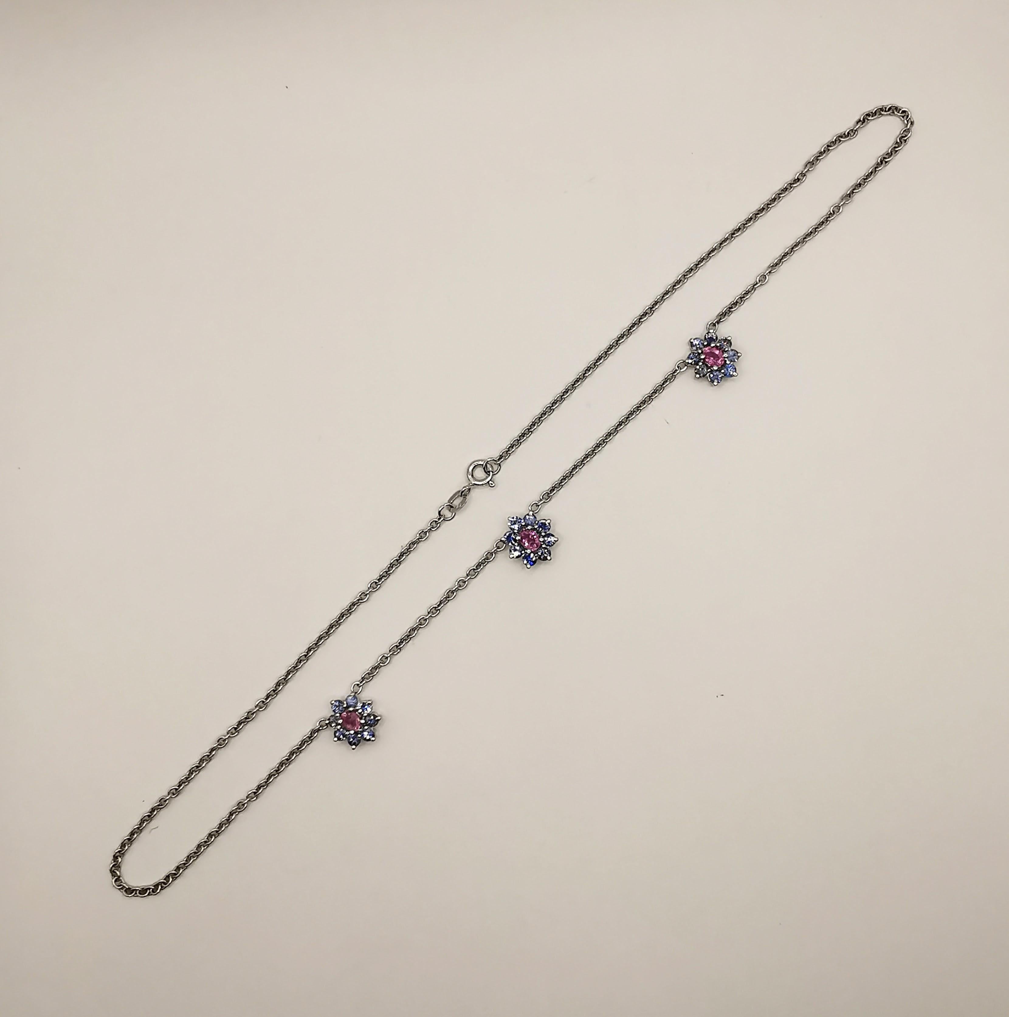 Contemporary 2.49 Carat Pink & Blue Sapphire Flower Necklace in 18K White Gold For Sale