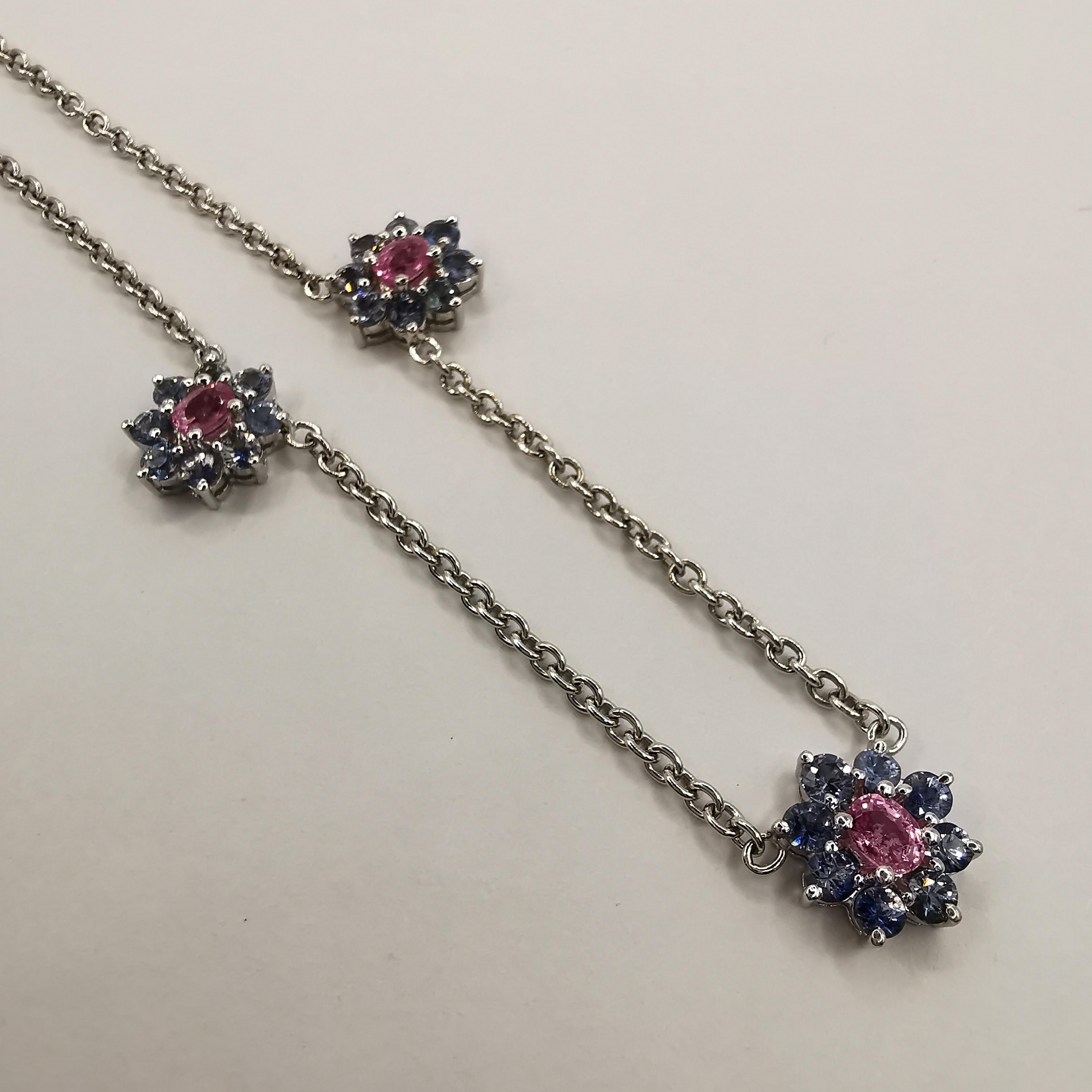 Women's 2.49 Carat Pink & Blue Sapphire Flower Necklace in 18K White Gold For Sale