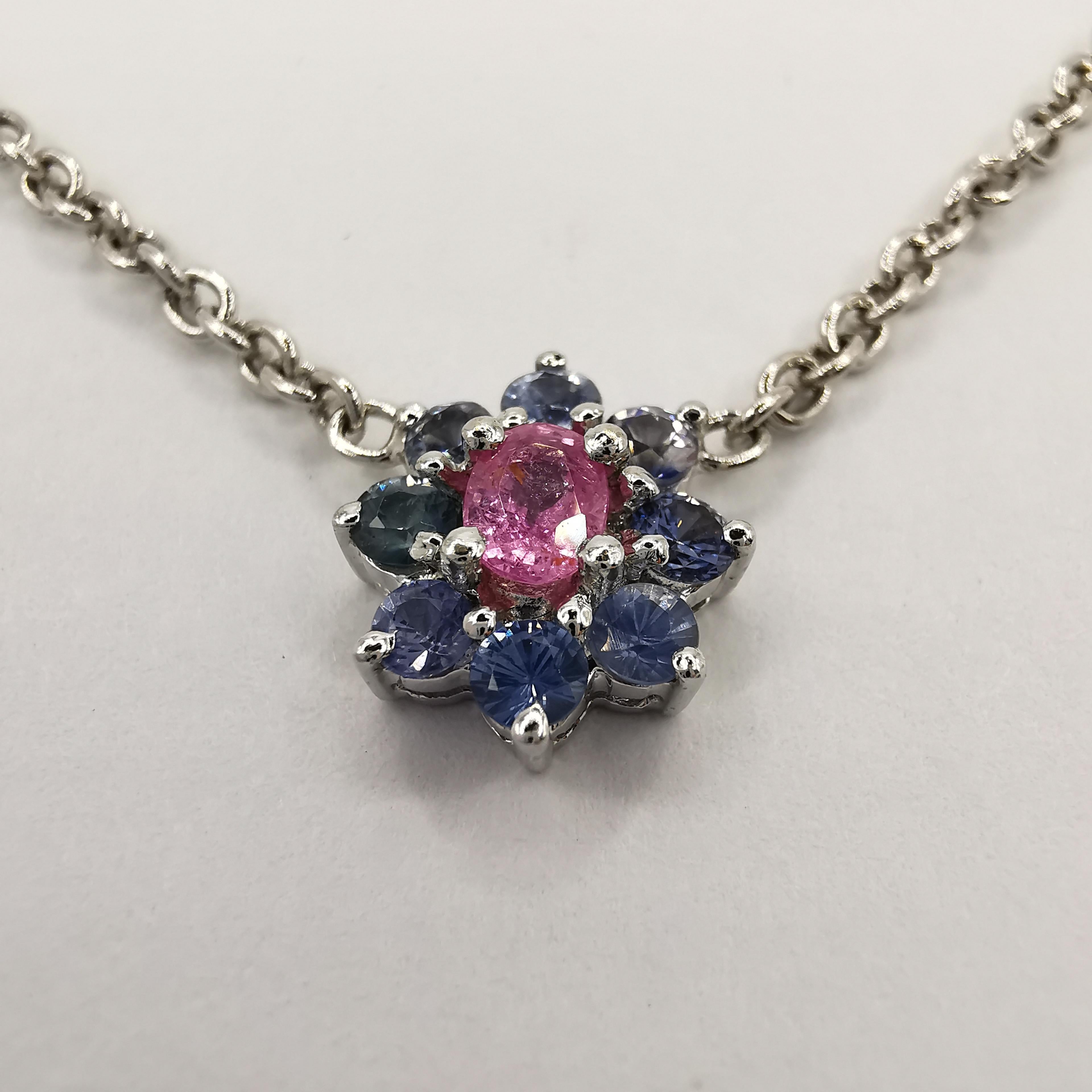 2.49 Carat Pink & Blue Sapphire Flower Necklace in 18K White Gold For Sale 1