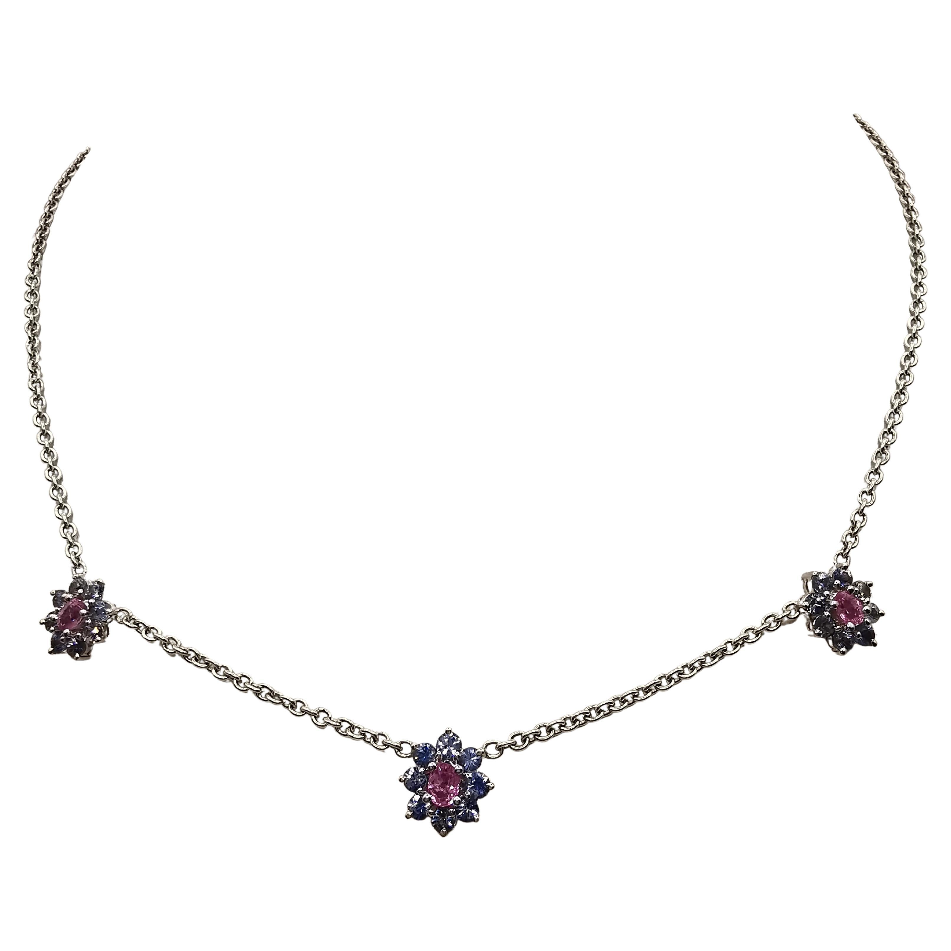 2.49 Carat Pink & Blue Sapphire Flower Necklace in 18K White Gold For Sale