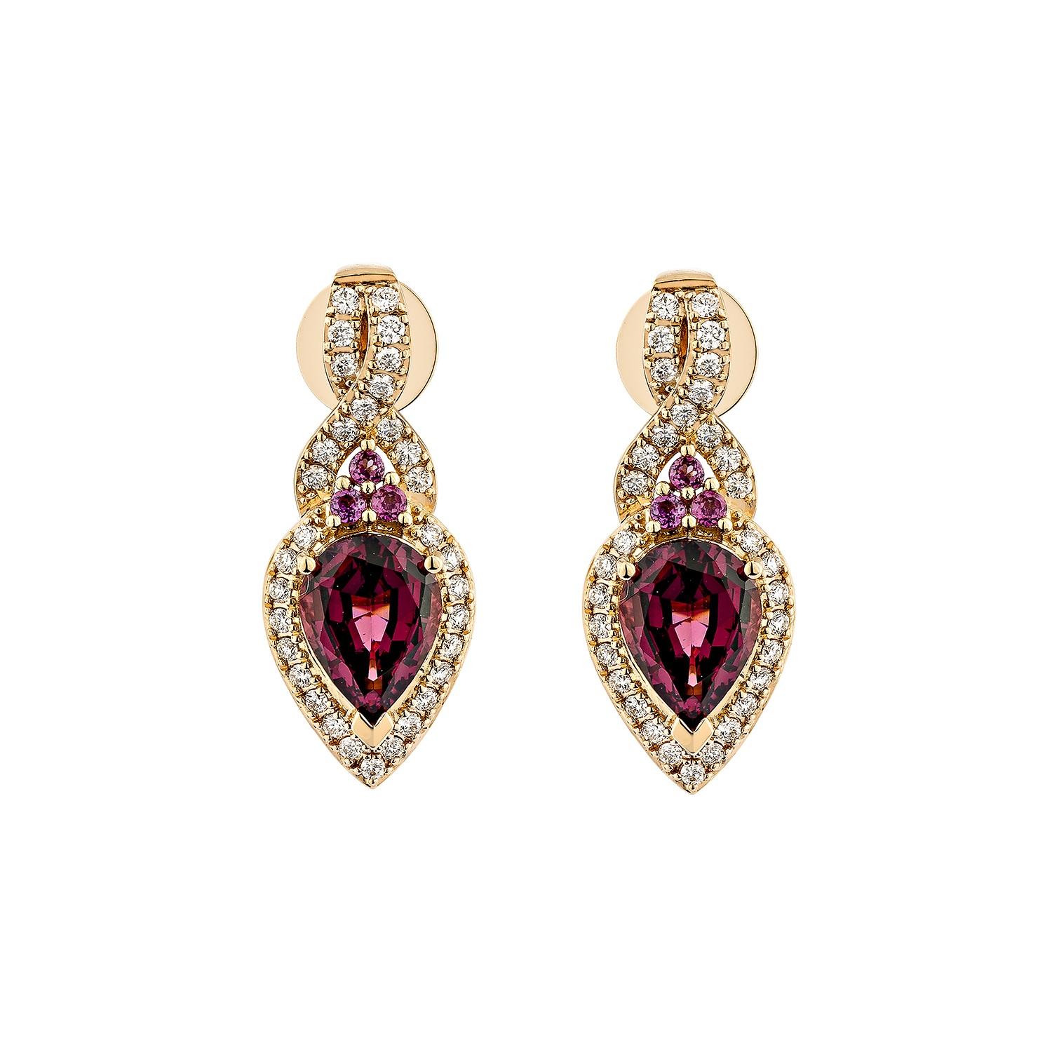 Contemporary Sunita Nahata 2.49 Carat Rhodolite Stud Earring in 18KRG with White Diamond. For Sale