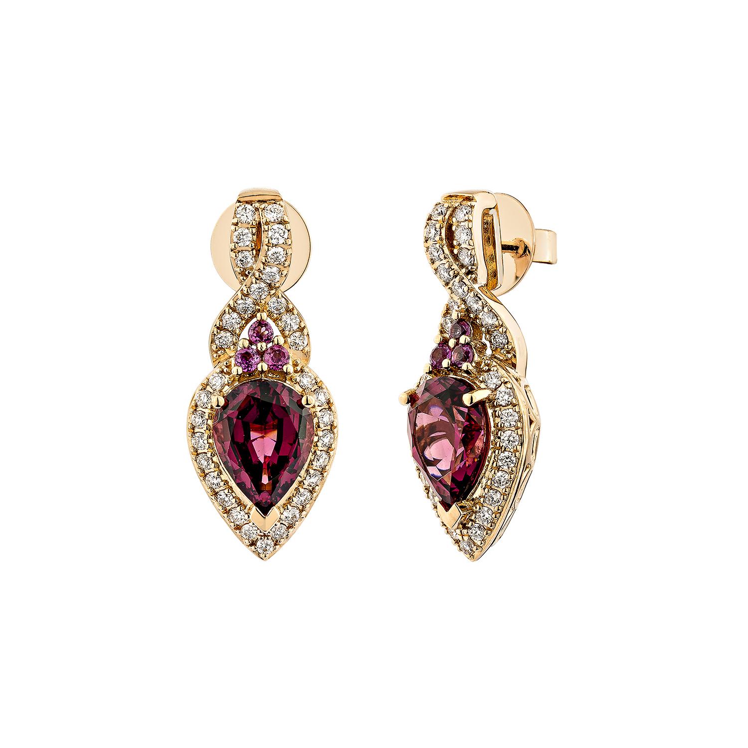 Pear Cut Sunita Nahata 2.49 Carat Rhodolite Stud Earring in 18KRG with White Diamond. For Sale