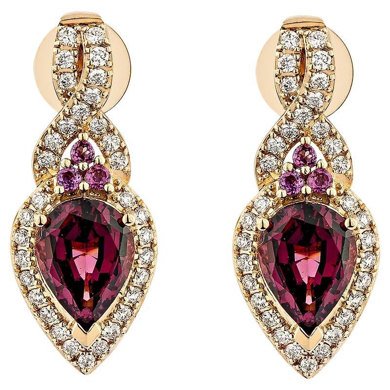 Sunita Nahata 2.49 Carat Rhodolite Stud Earring in 18KRG with White Diamond. For Sale