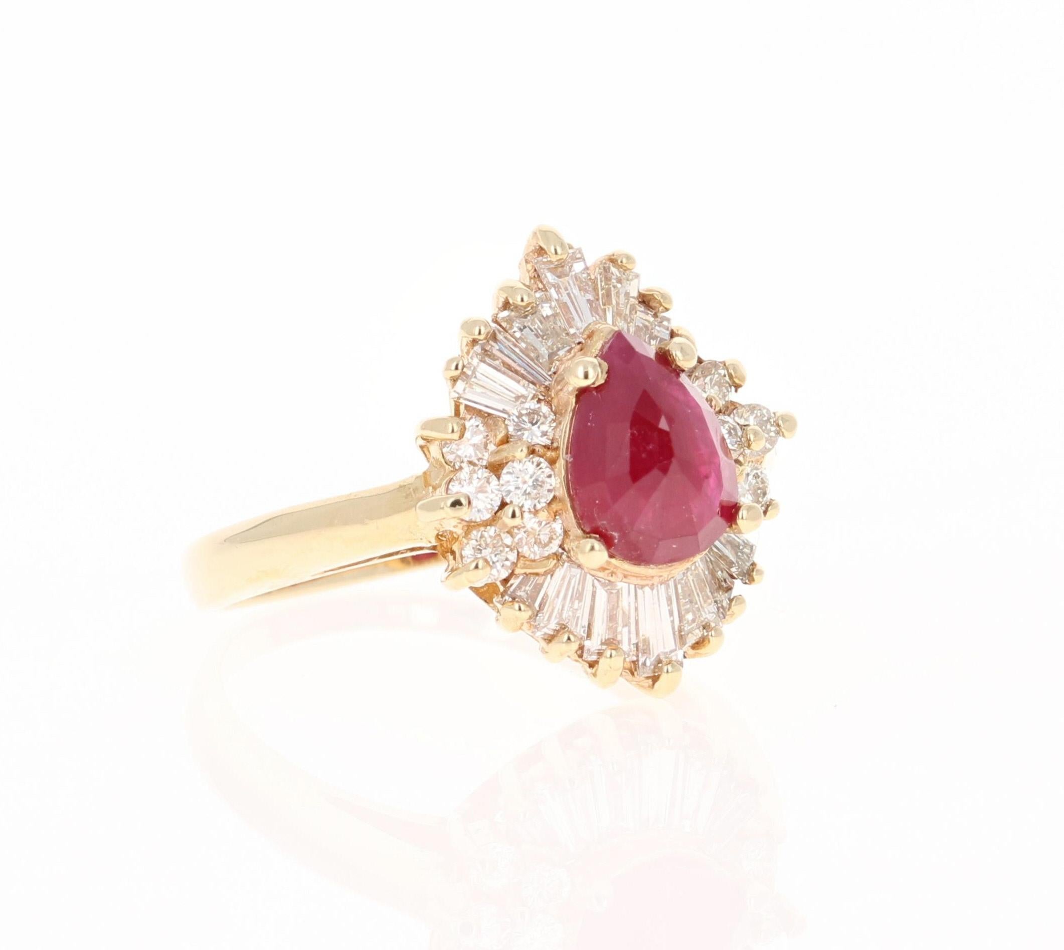 This ring has a pretty pear cut Ruby that weighs 1.40 carats and has 12 round cut diamonds that weigh 0.32 carats, (clarity: VS, color: H) and 14 baguette cut diamonds that weigh 0.77 carats, (clarity: VS, color: H)

The Pear Cut Ruby measures at