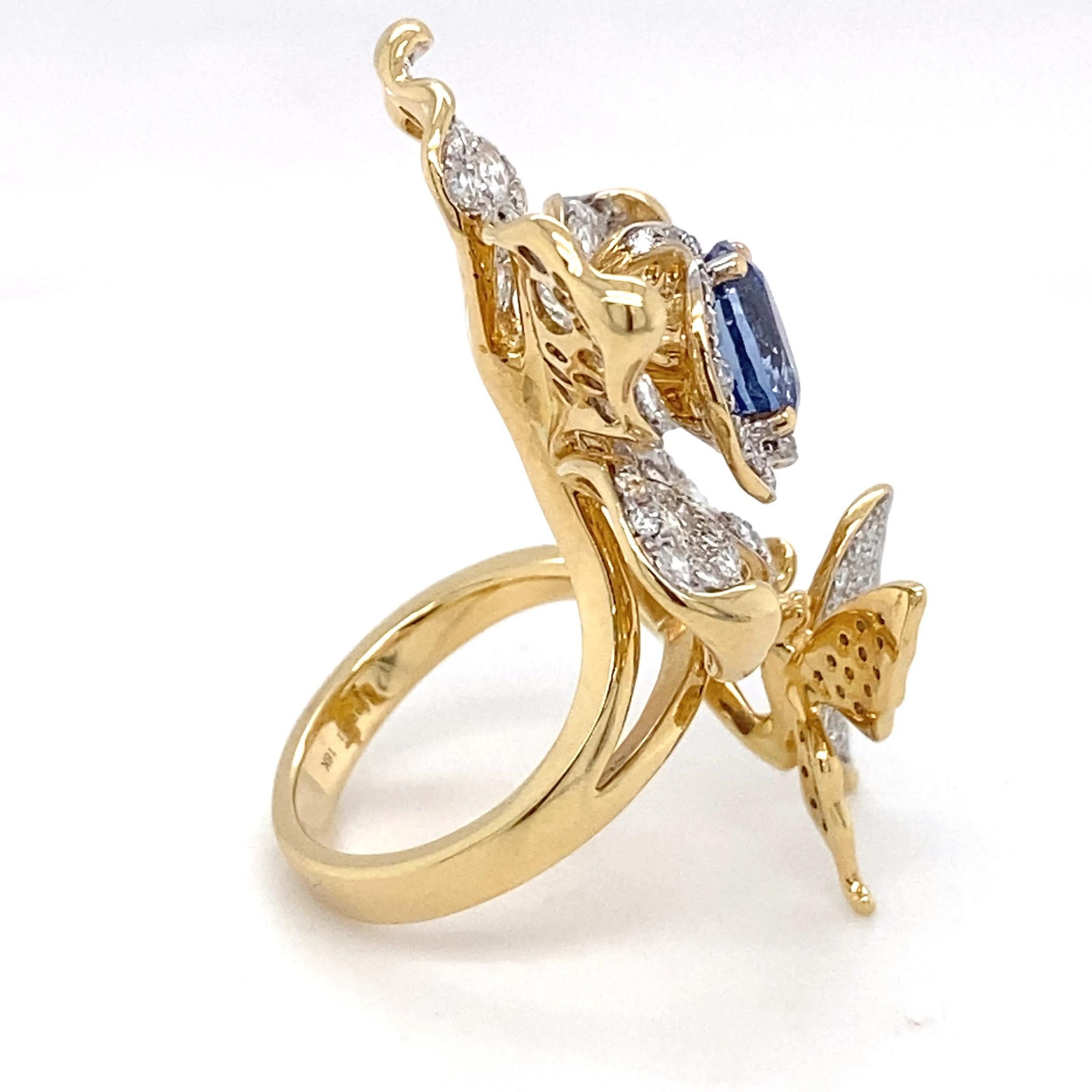 2.49 Carat Sapphire & Diamond Yellow Gold Flower Statement Ring For Sale 8