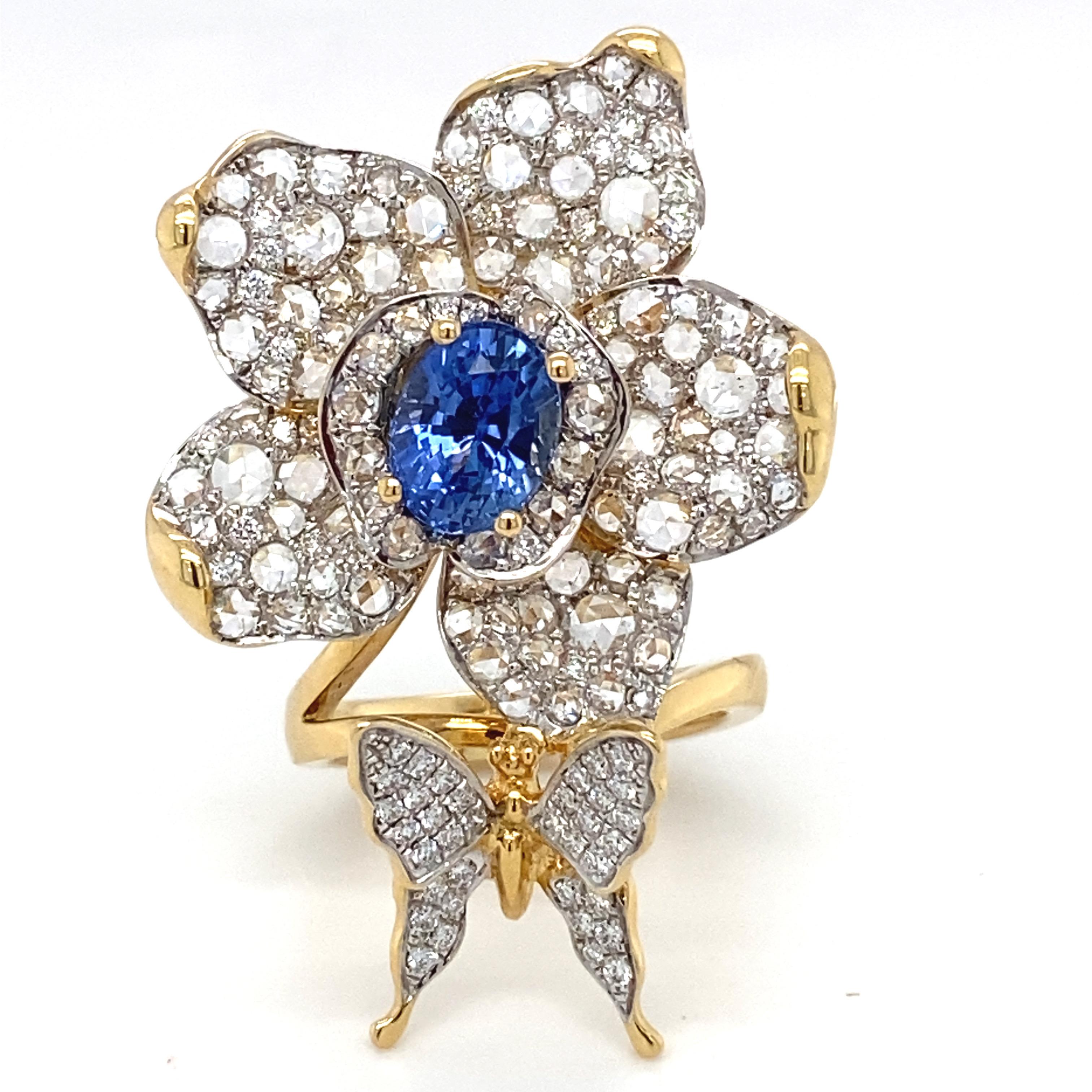 2.49 Carat Sapphire & Diamond Yellow Gold Flower Statement Ring For Sale 9