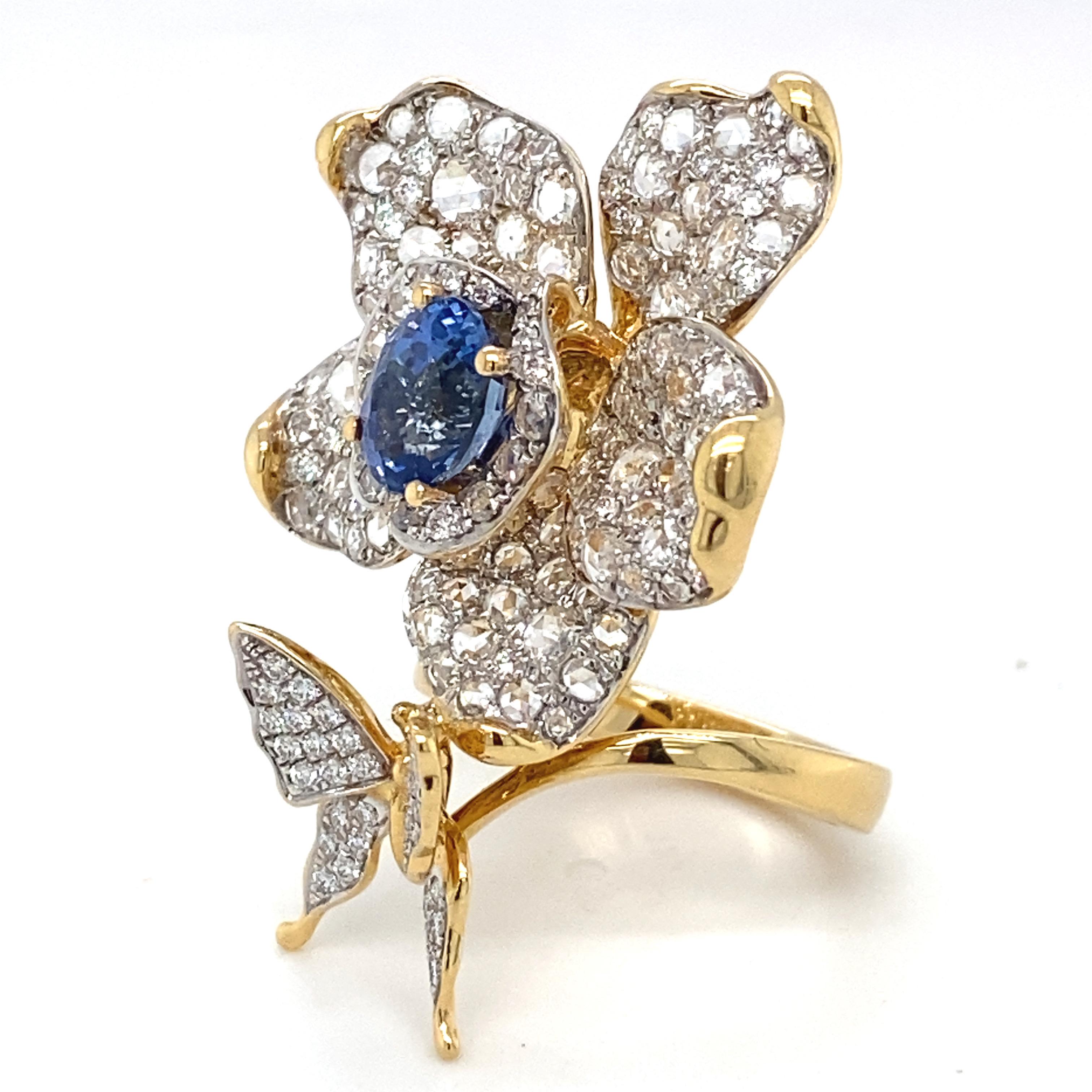 2.49 Carat Sapphire & Diamond Yellow Gold Flower Statement Ring For Sale 11