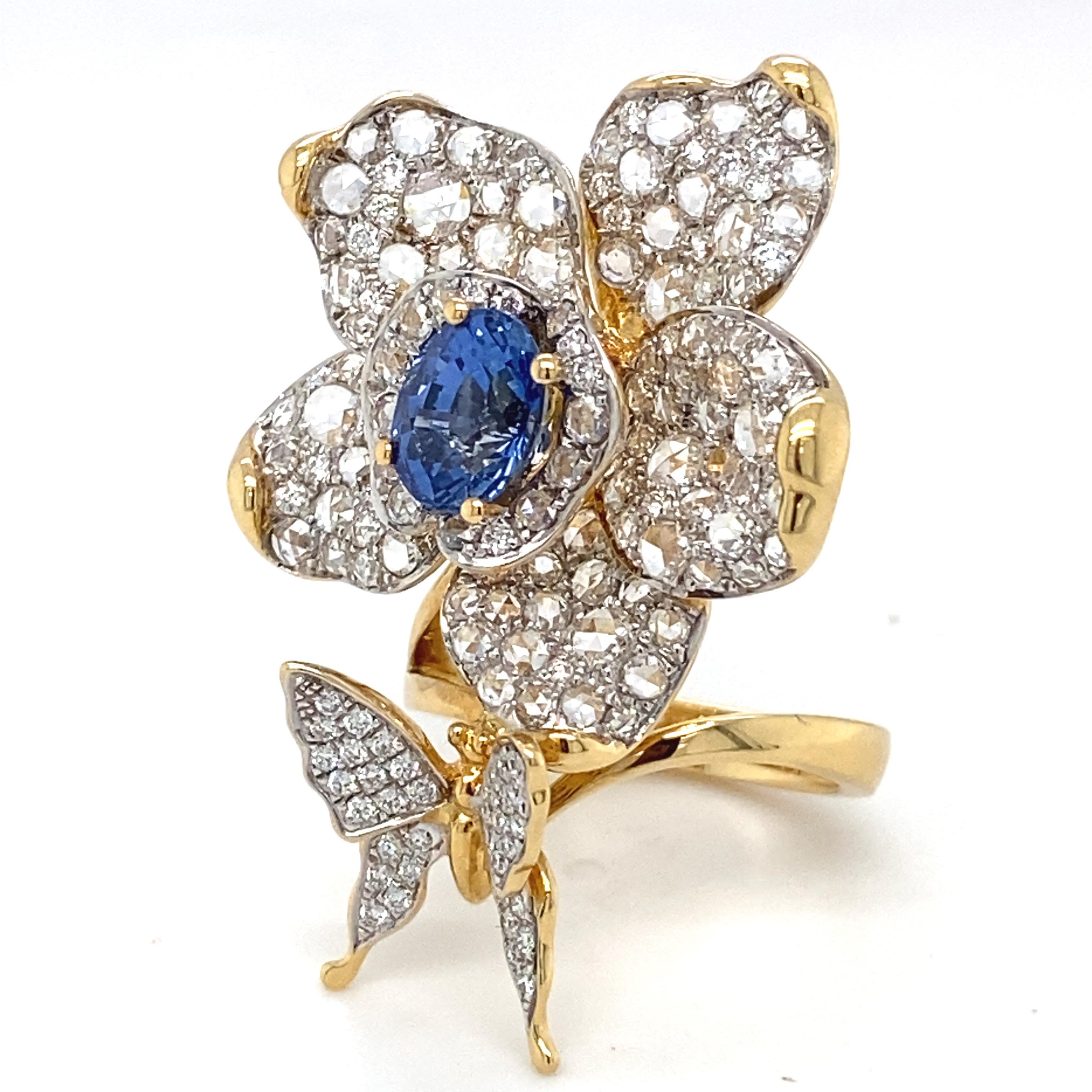2.49 Carat Sapphire & Diamond Yellow Gold Flower Statement Ring For Sale 12