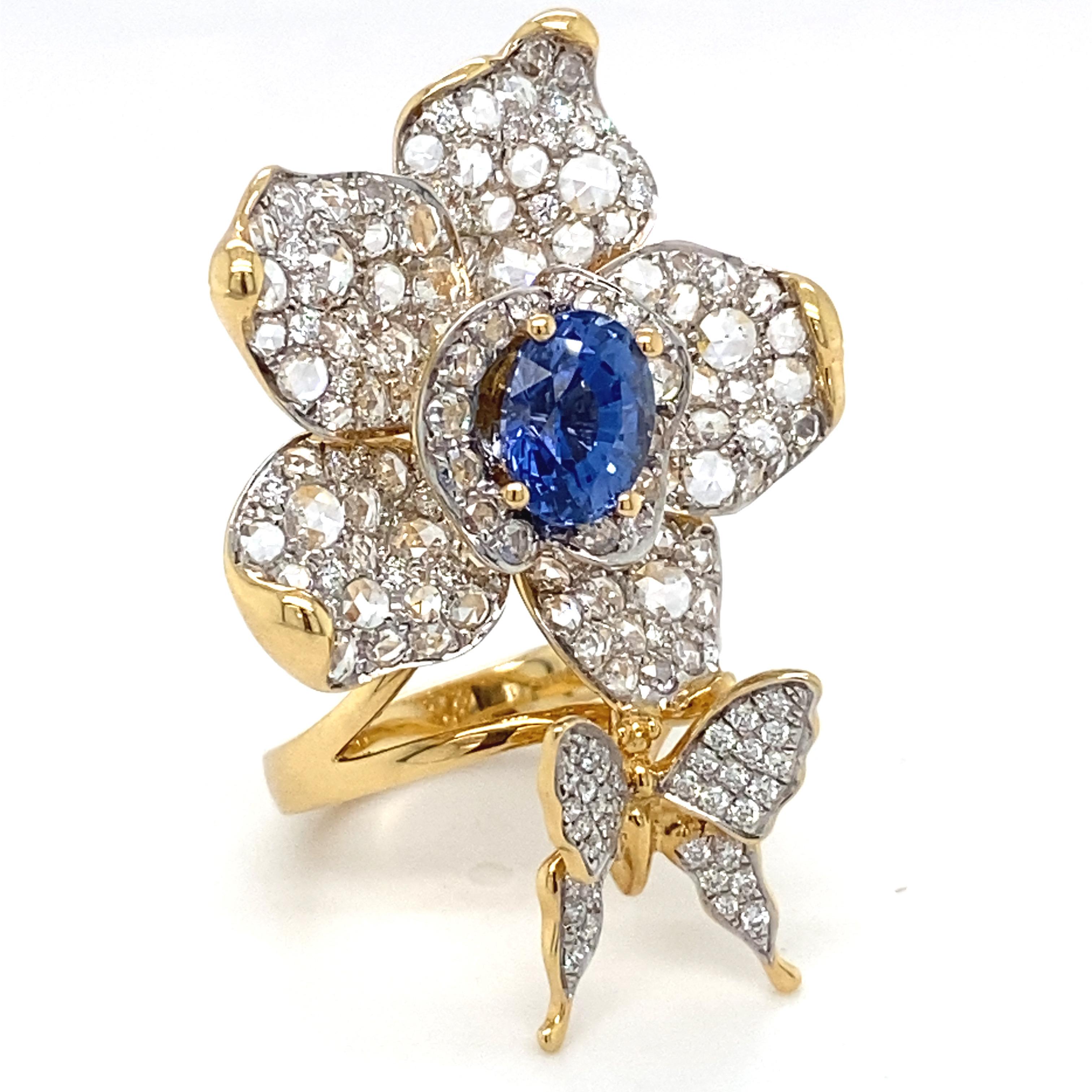 Artisan 2.49 Carat Sapphire & Diamond Yellow Gold Flower Statement Ring For Sale