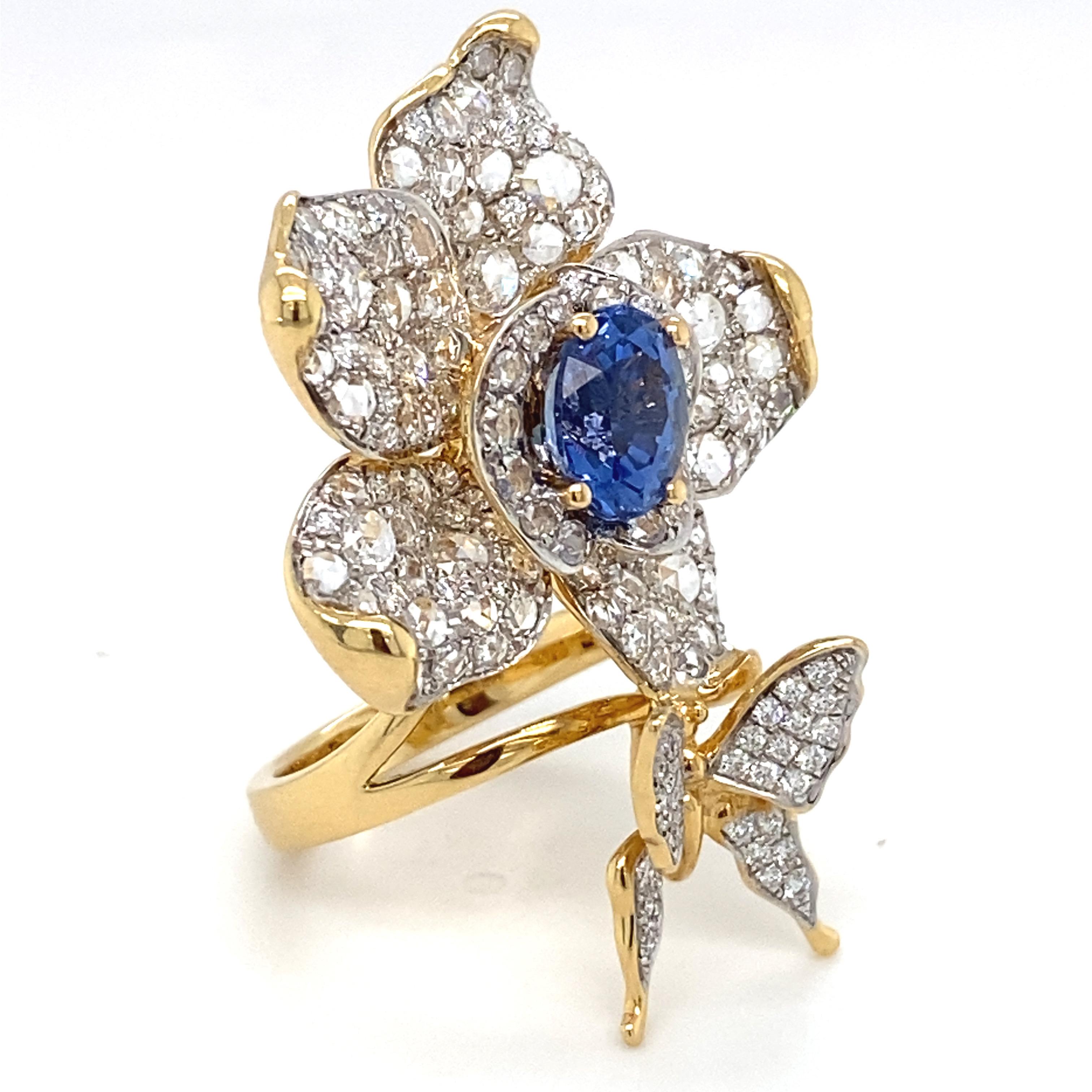 Oval Cut 2.49 Carat Sapphire & Diamond Yellow Gold Flower Statement Ring For Sale