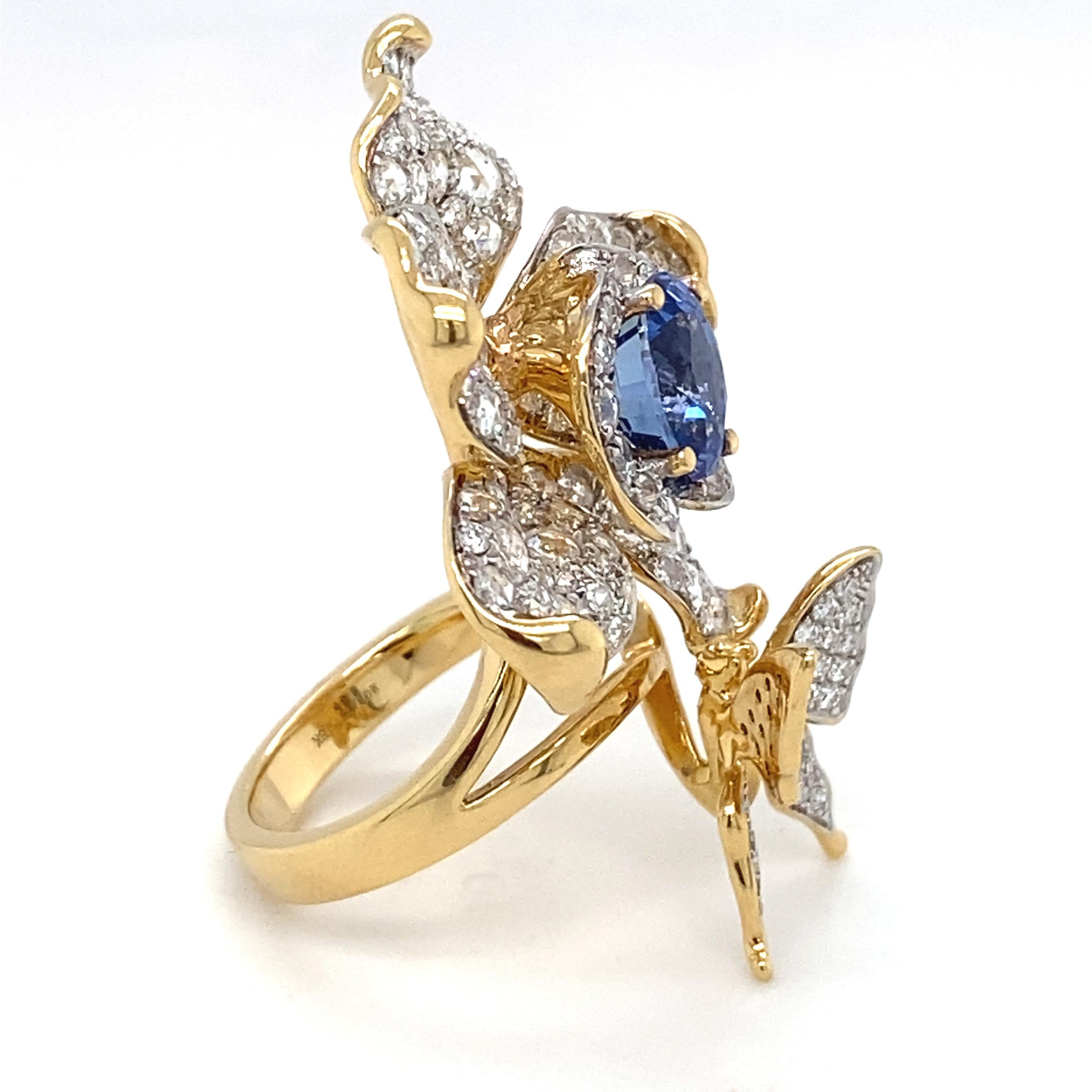Women's 2.49 Carat Sapphire & Diamond Yellow Gold Flower Statement Ring For Sale