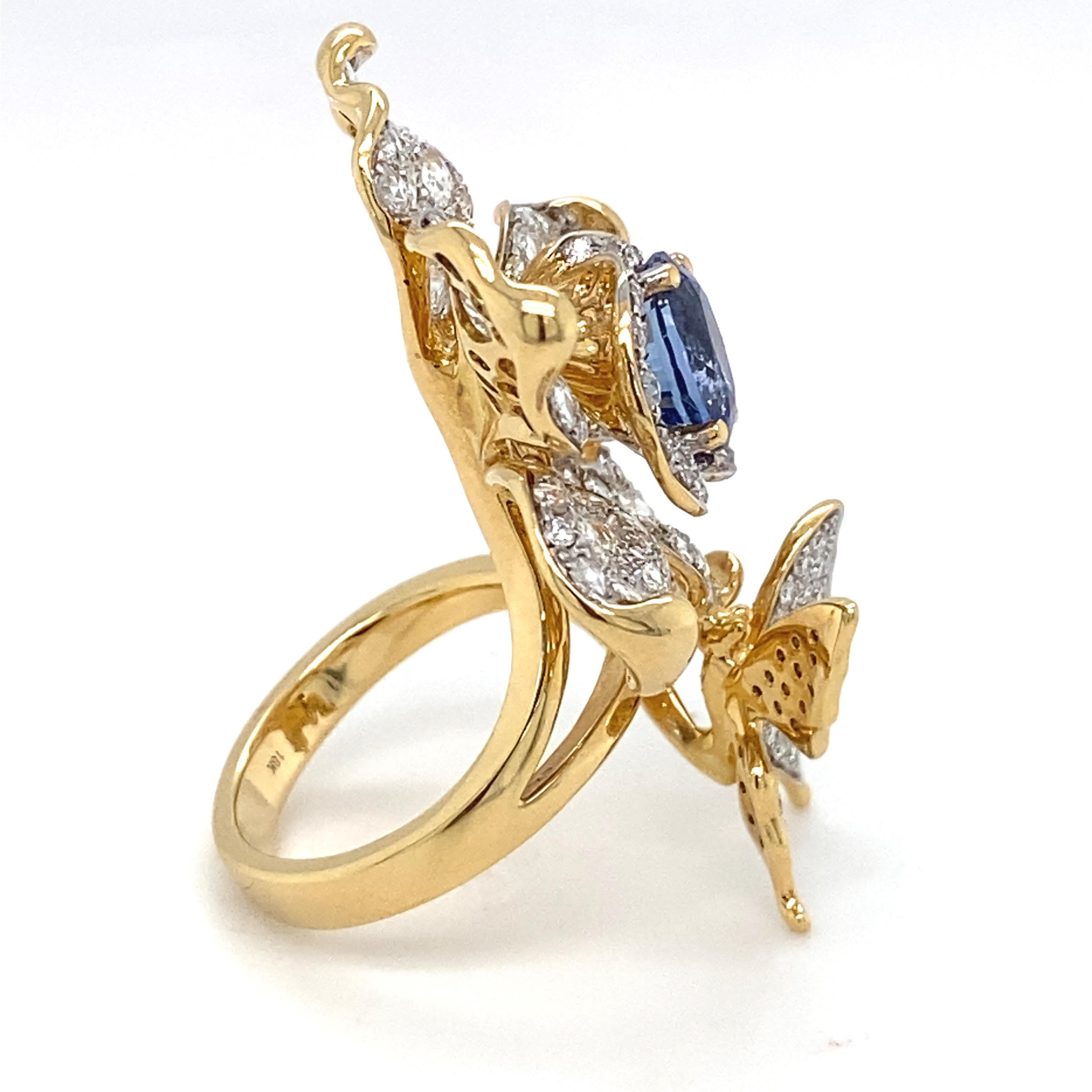 2.49 Carat Sapphire & Diamond Yellow Gold Flower Statement Ring For Sale 1